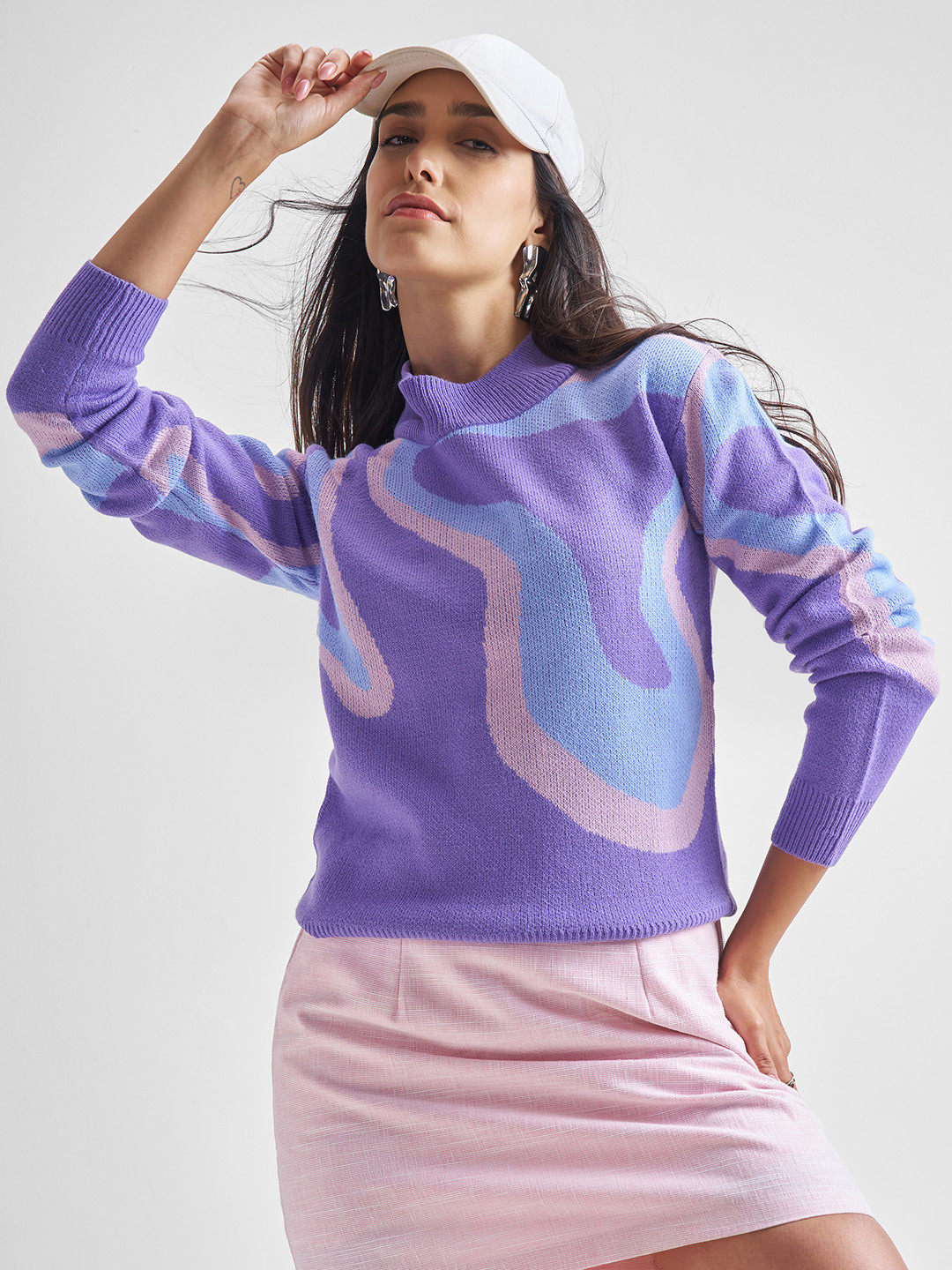 Tokyo Talkies Purple Turtle Neck Jacquard Sweater