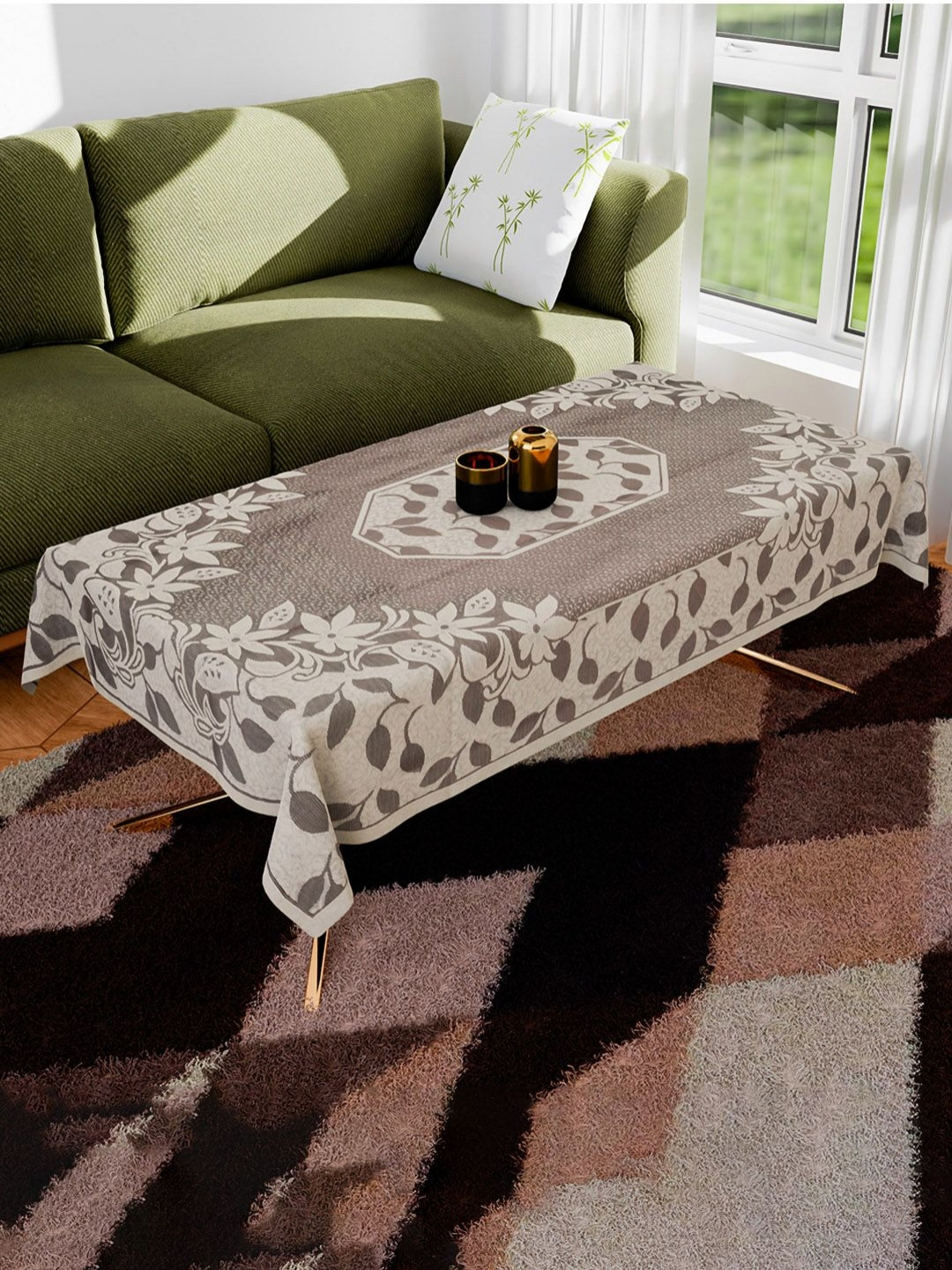Aura Maroon & Cream Colored Floral Textured Anti-Skid 4-Seater Table Cover