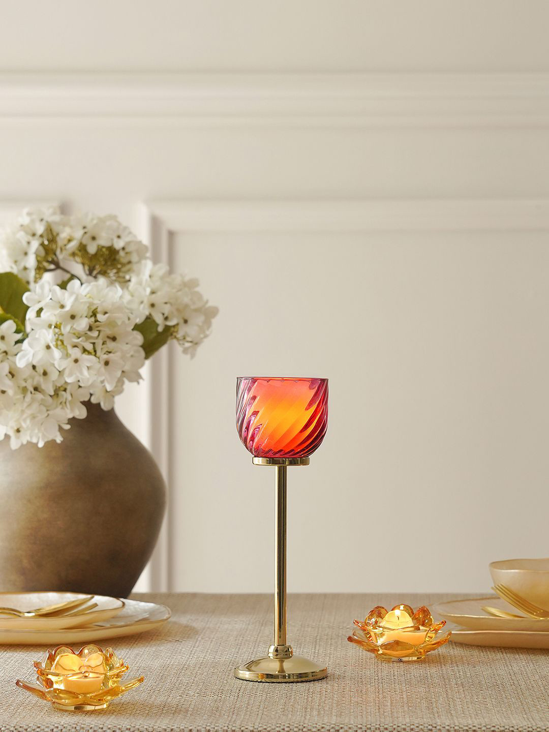 Pure Home and Living Pink & Gold Toned Swirl Textured Candle Holder with Stand