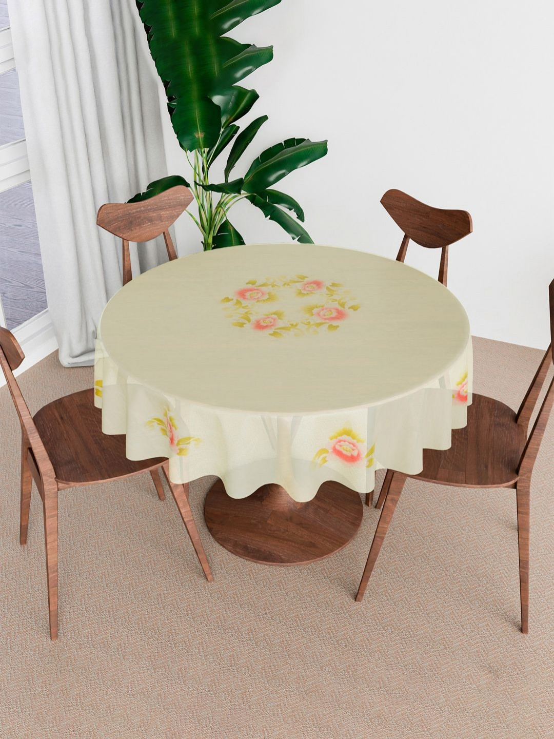 Aura Cream-Colored & Pink Flower Almond Design Anti-Skid Round 4 Seater Table Cover