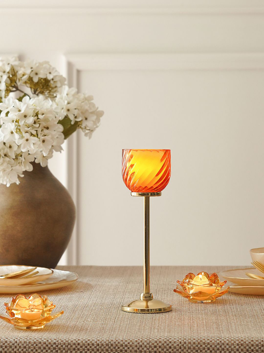 Pure Home and Living Orange & Gold-Toned Swirl Texture Candle Holder With Stand