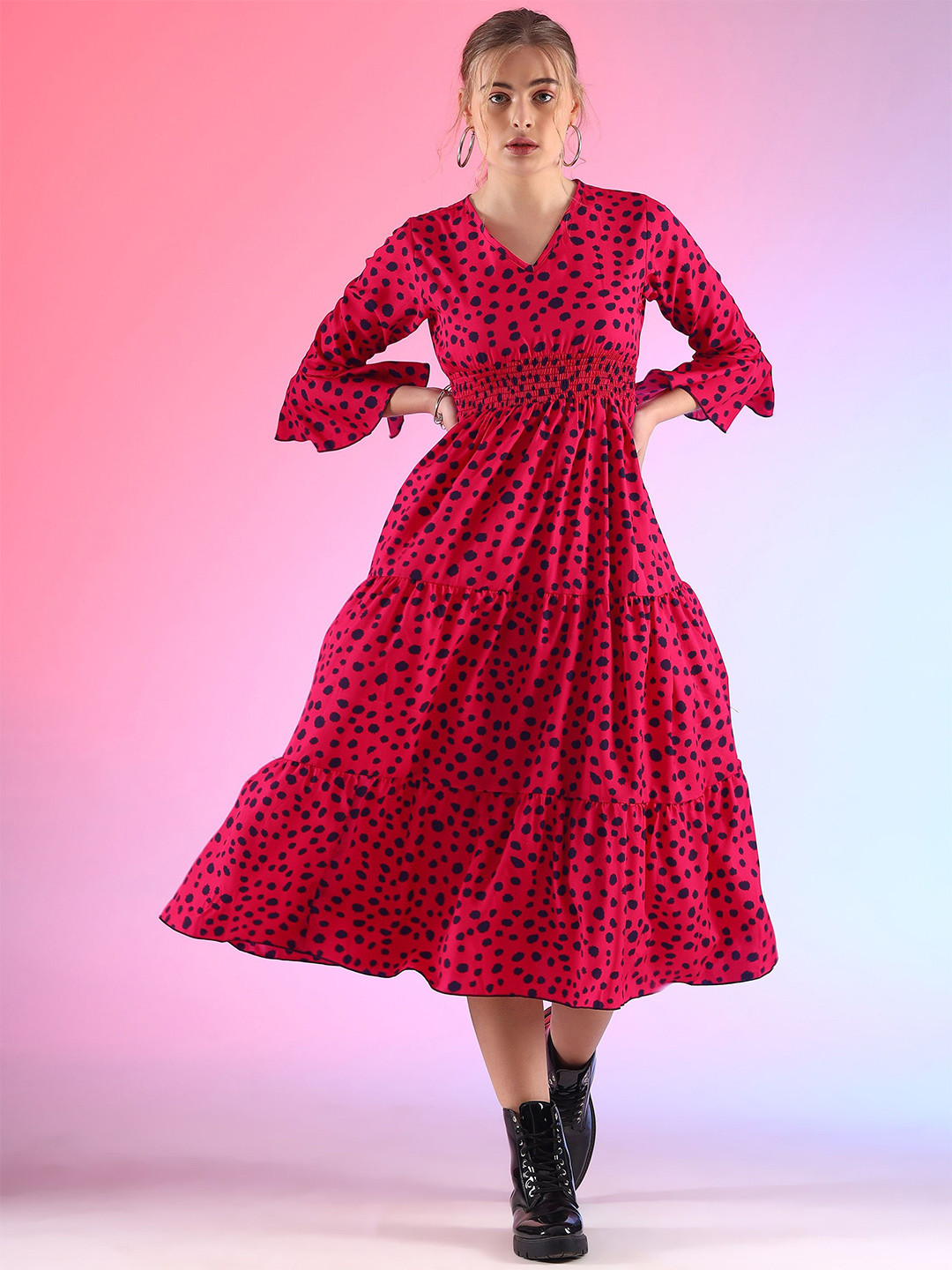 Honky Tonky Women Polka Dot Printed Bell Sleeve EmpireDress