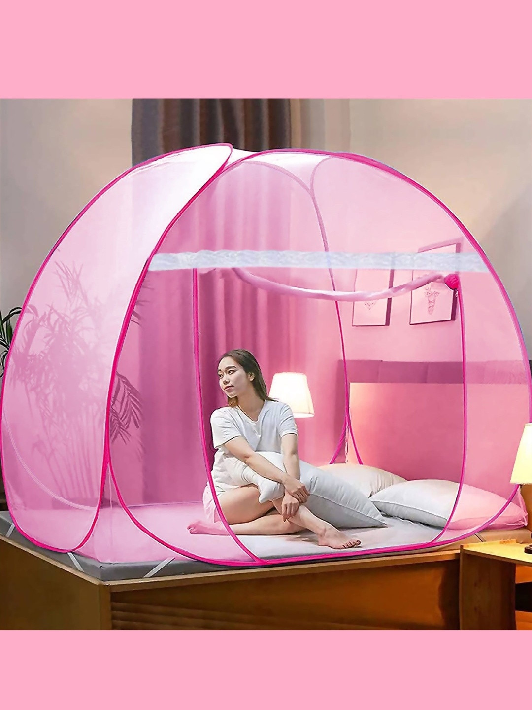 GK-JLPV Pink & White King Size Tent Mosquito Net
