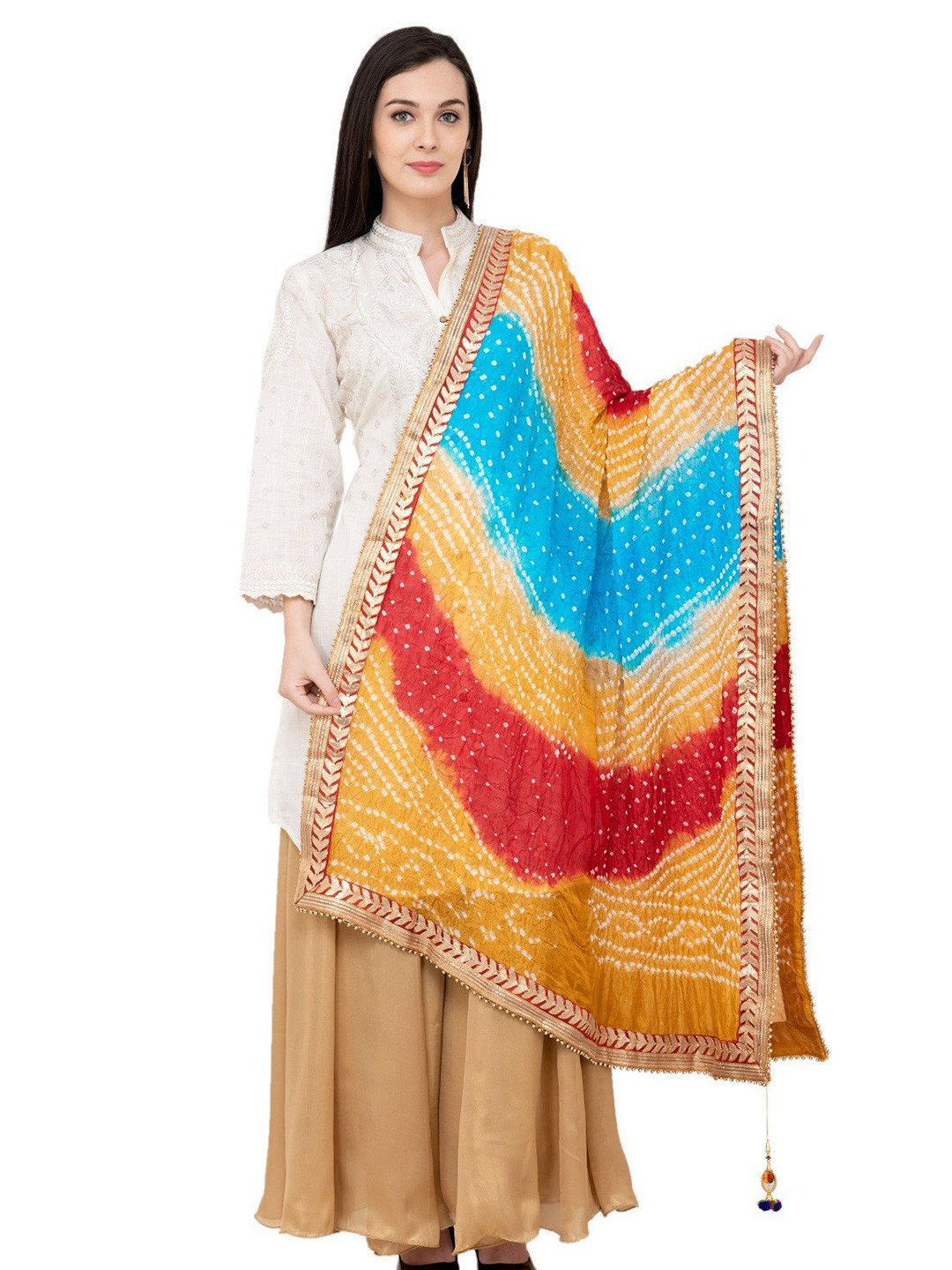 A R SILK DUPATTA HUB Bandhani Printed Gotta Patti Silk Dupatta