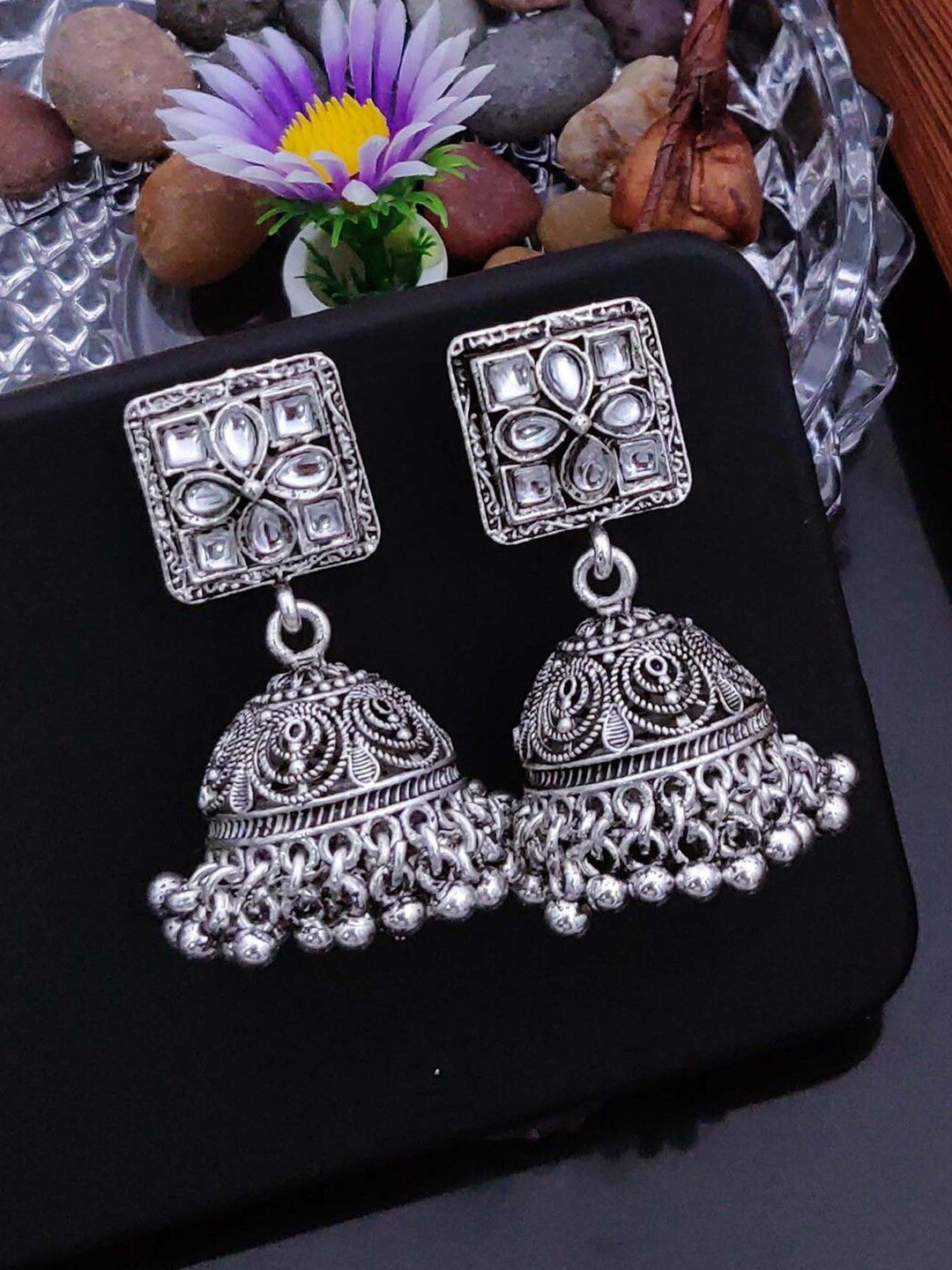 SOLIBELLE German Silver Plated Oxidised American Diamond Studded & Ghungroo Dome Jhumkas