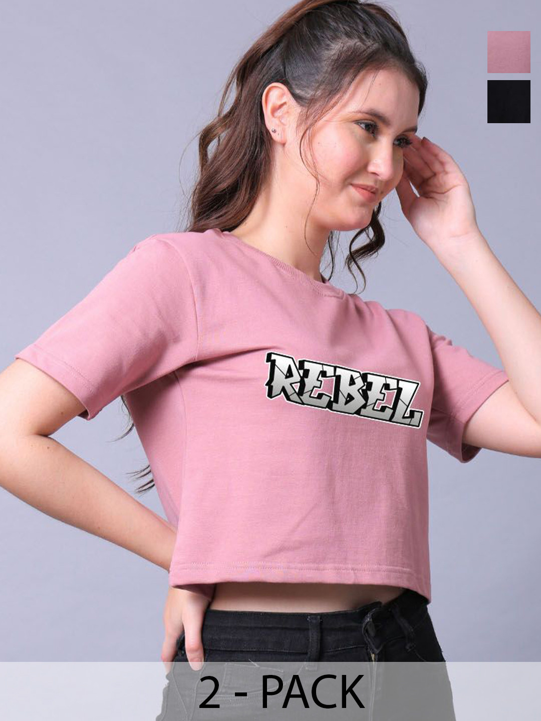 Lazy Lush Women Pack of 2 Typography Printed Cotton Crop Tops