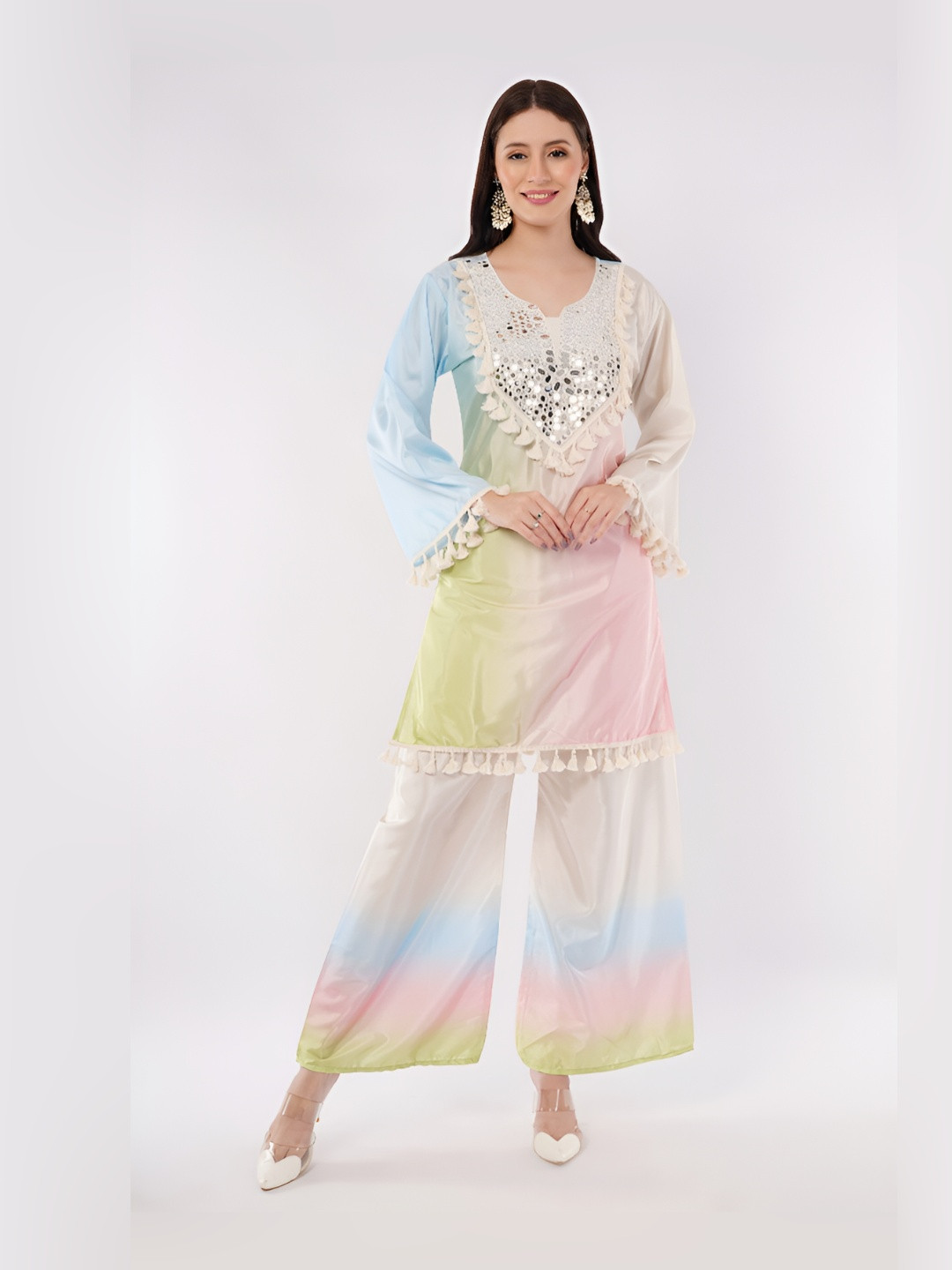 TRUE SISTERS Women Ombre Dyed Satin Mirror Work Kurta with Palazzos