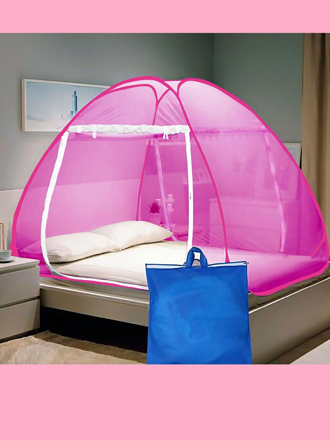 Aetrius Pink & White King Size Foldable Tent Mosquito Net
