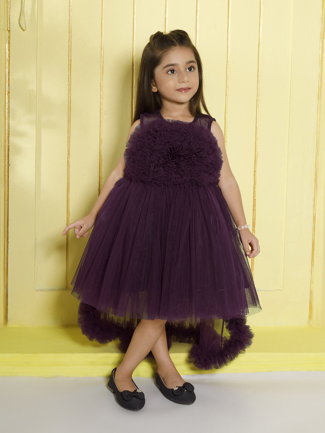 Ministitch Girls Wine Ruffled Net Sleeveless Fit & Flare Knee Length Dress