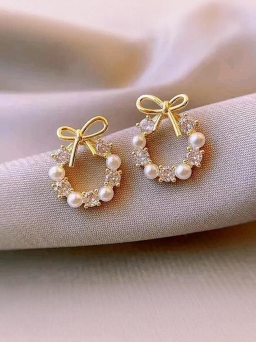 DN Creation Set Of 2 Sterling Silver Gold-Plated Pearls Beaded Korea Bowknot Studs