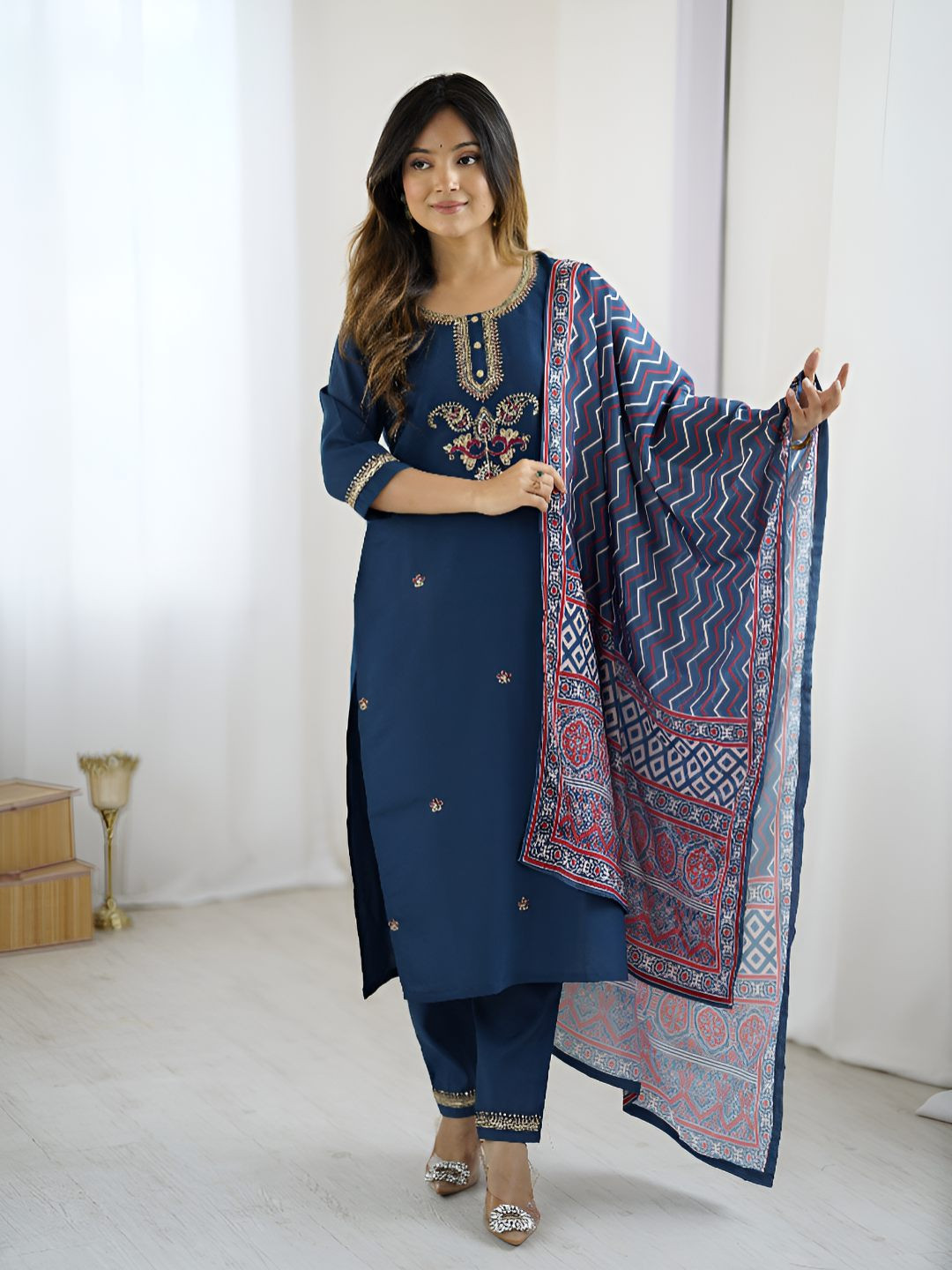 Happy Design Embroidered Thread Work Chanderi Silk Kurta With Trousers & Dupatta