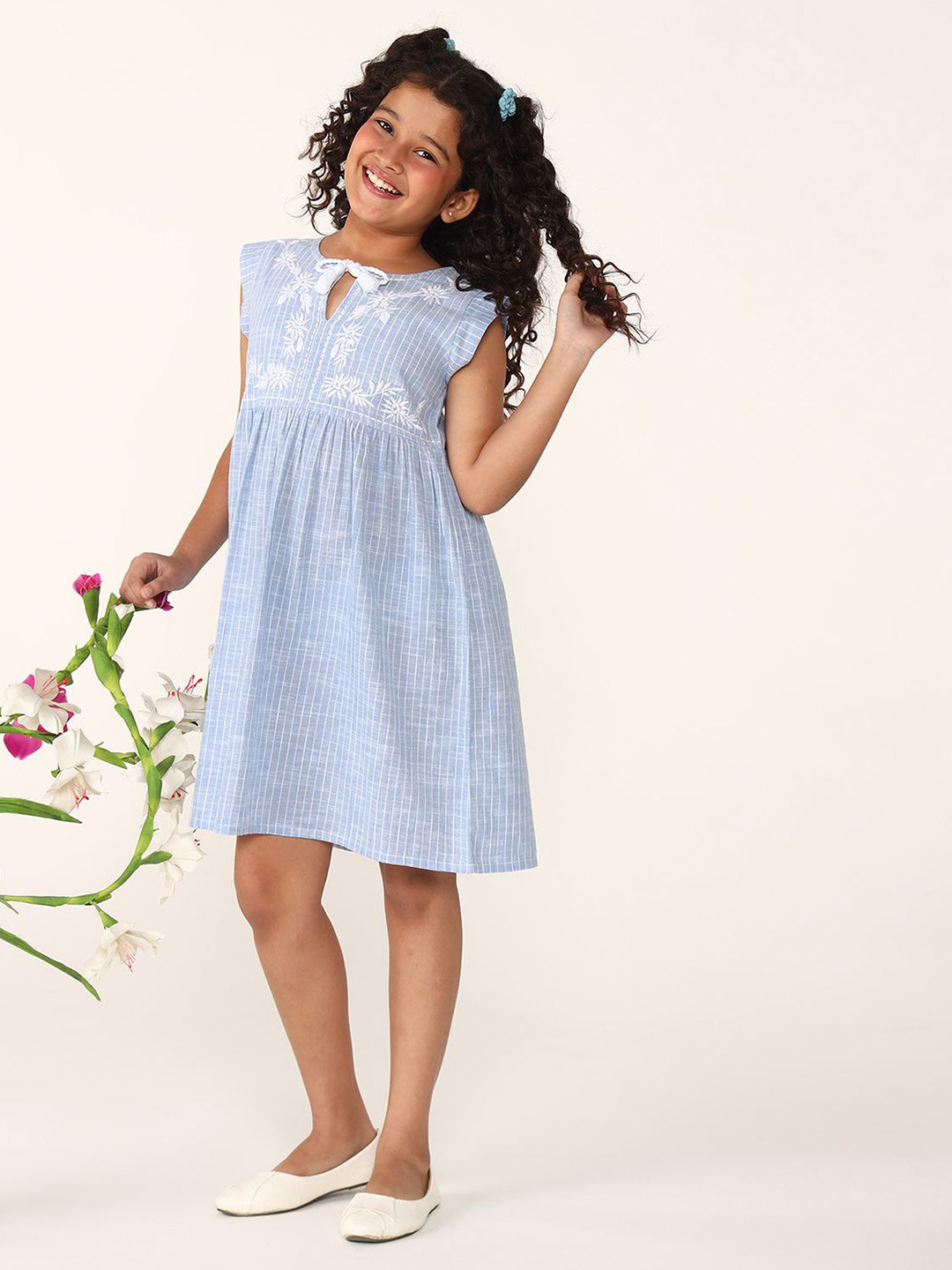 Miyo Kids Striped Tie Up Neck Cotton Fit & Flare Dress