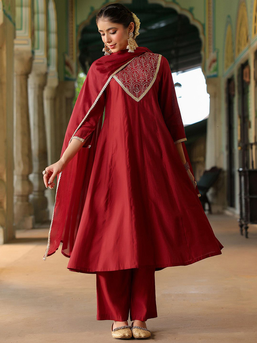 Janasya Women Maroon Chanderi Silk Embroidered Anarkali Kurta & Trousers With Dupatta