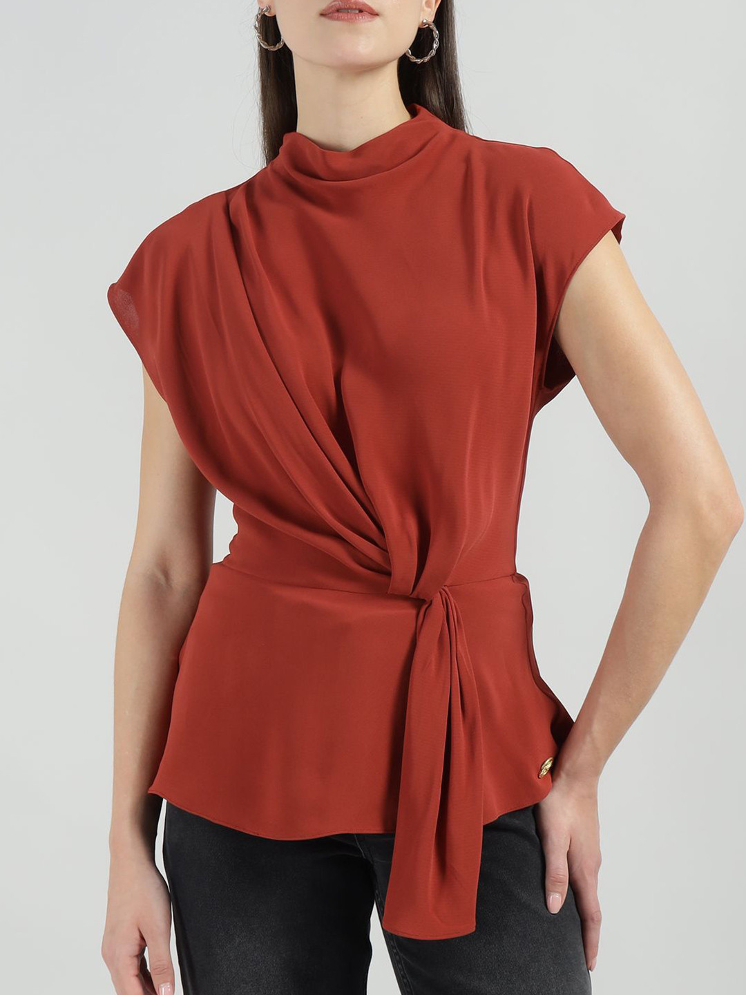 Karl Lagerfeld Women High Neck Extended Sleeves Knot Top