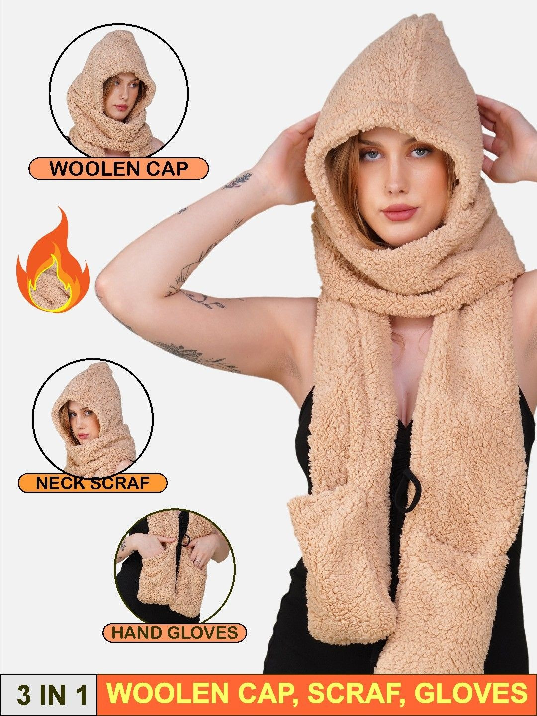 TOMKOT Women Beige Winter Warm Cap Wool Scarf Ear Cap & Glove