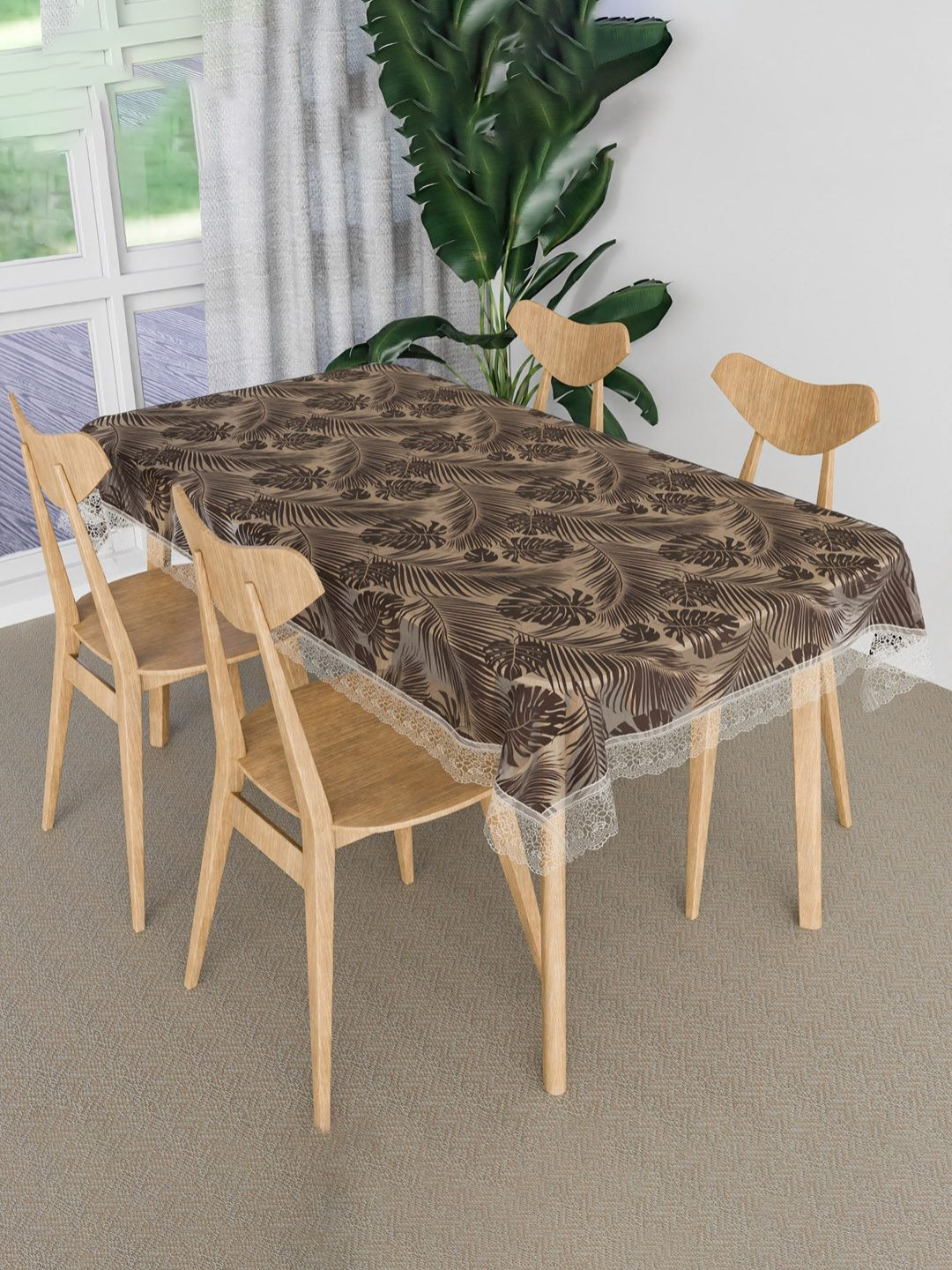 Aura Brown & Beige 3D Leaf Anti-Skid Rectangle 4 Seater Table Cover