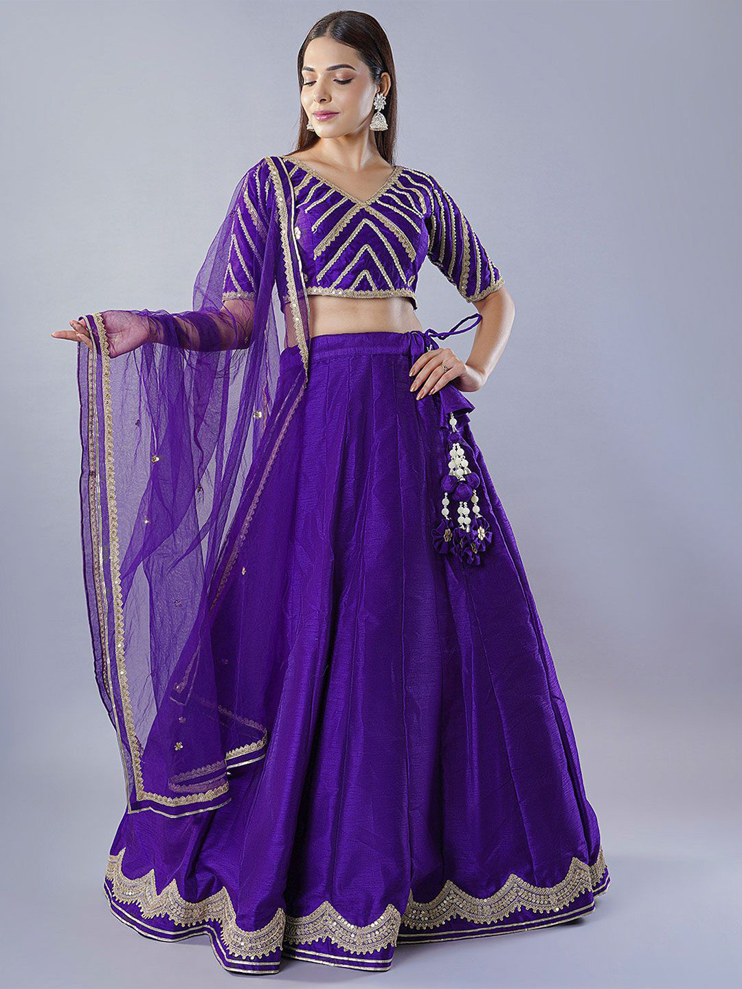 Utsav Fashion Embroidered Dupion Silk Ready to Wear Lehenga With Choli and Net Dupatta