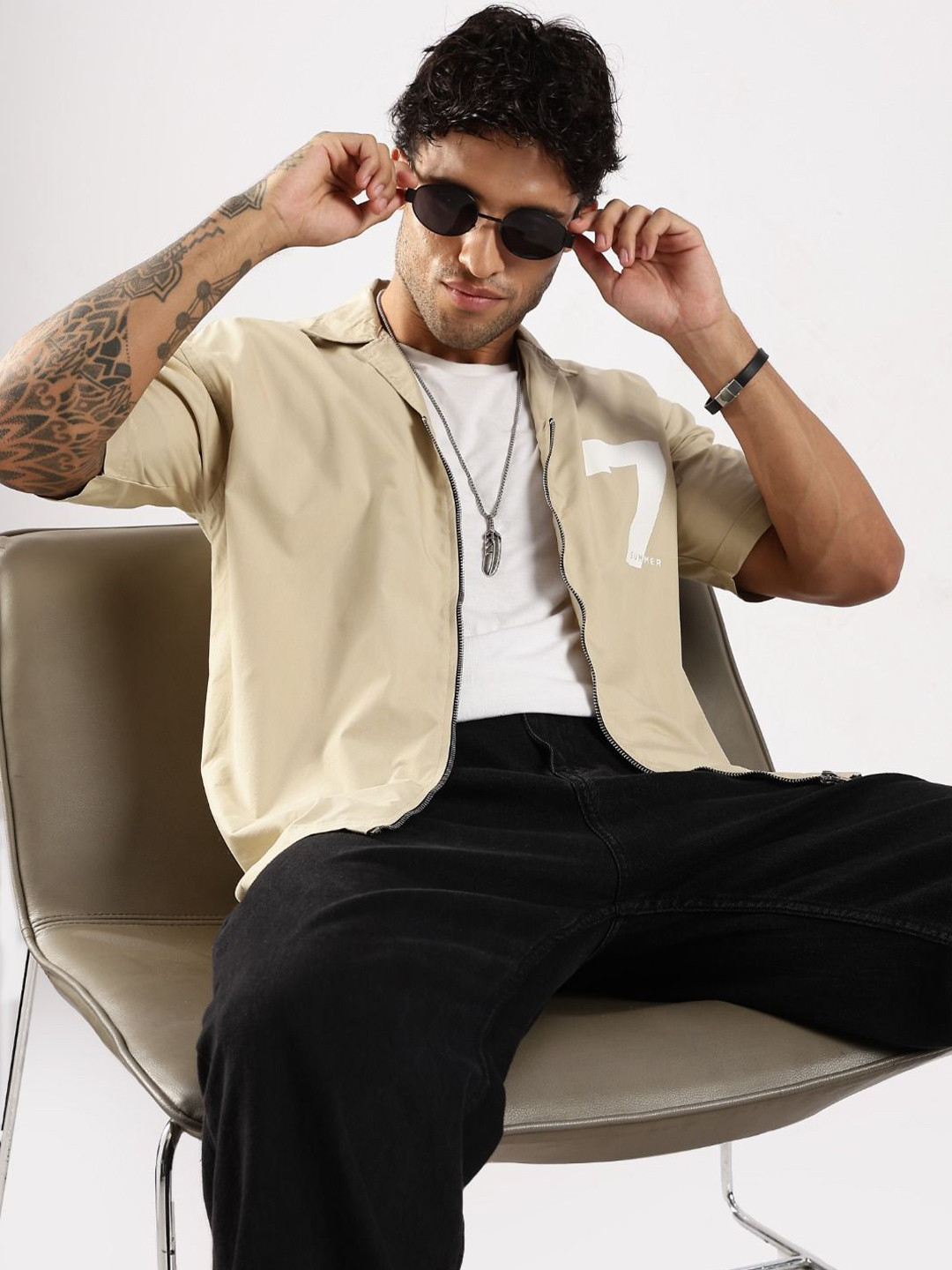 Blu MNKY Men Typography Print Classic Slim Fit Casual Zip-Up Shirt