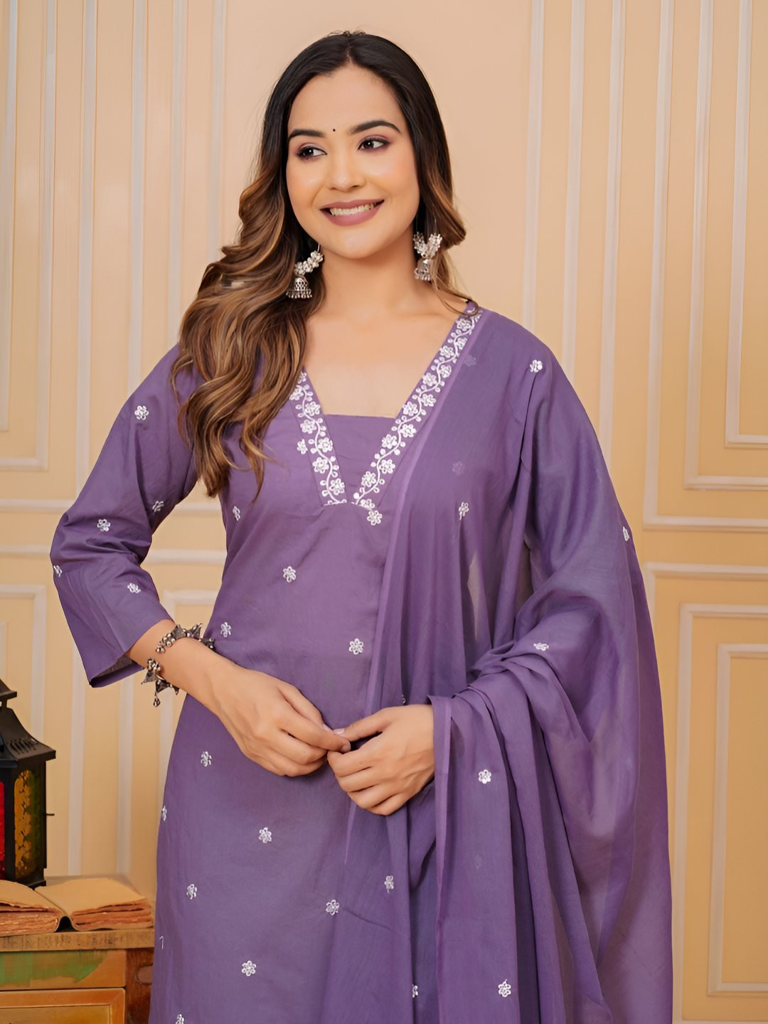 GHUMMAN SONAKSHI Embroidered Pure Cotton V-Neck Thread Work Kurta With Trousers & Dupatta