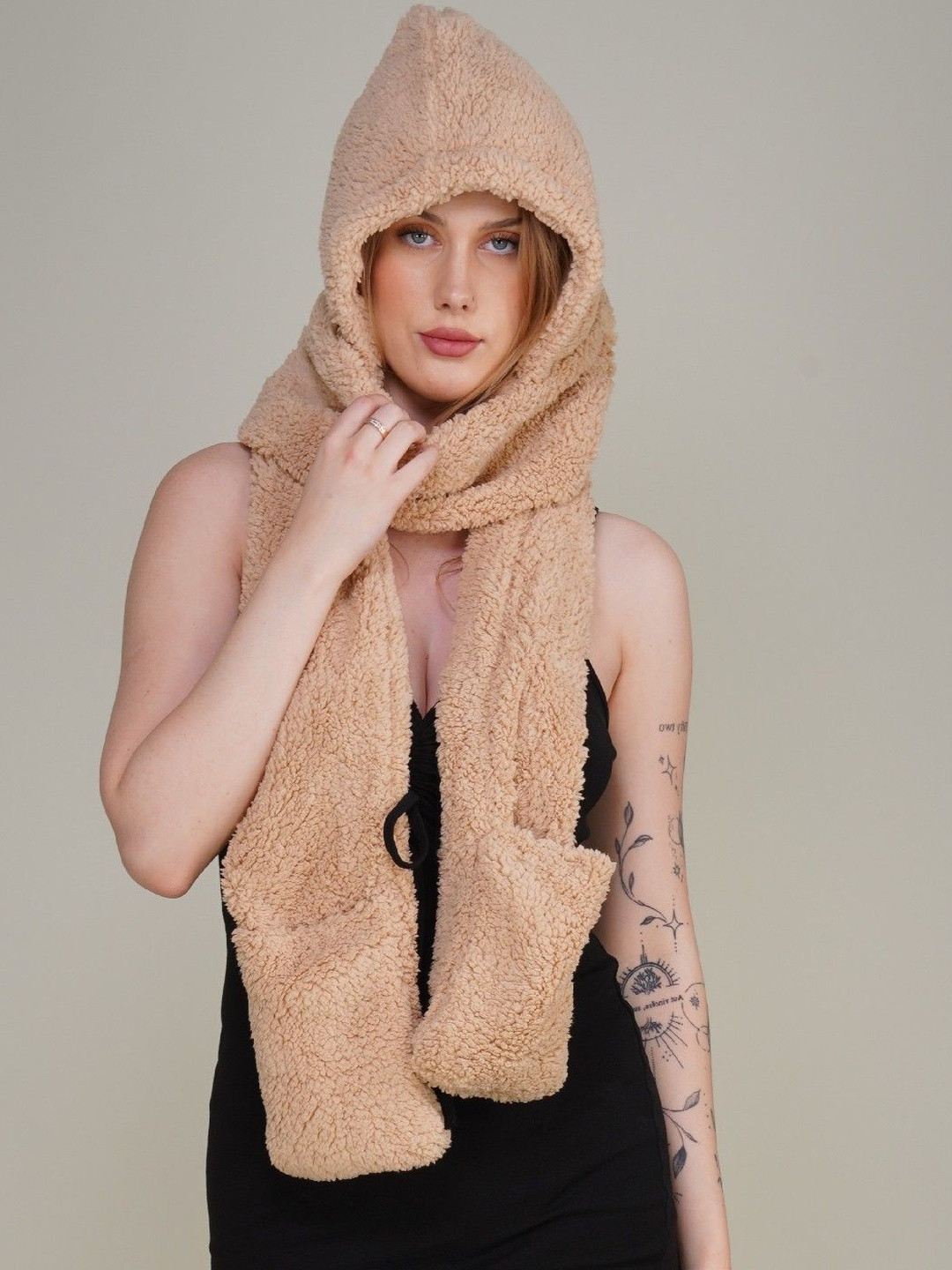 TOMKOT Women Camel Brown Wool Scarf Ear Cap