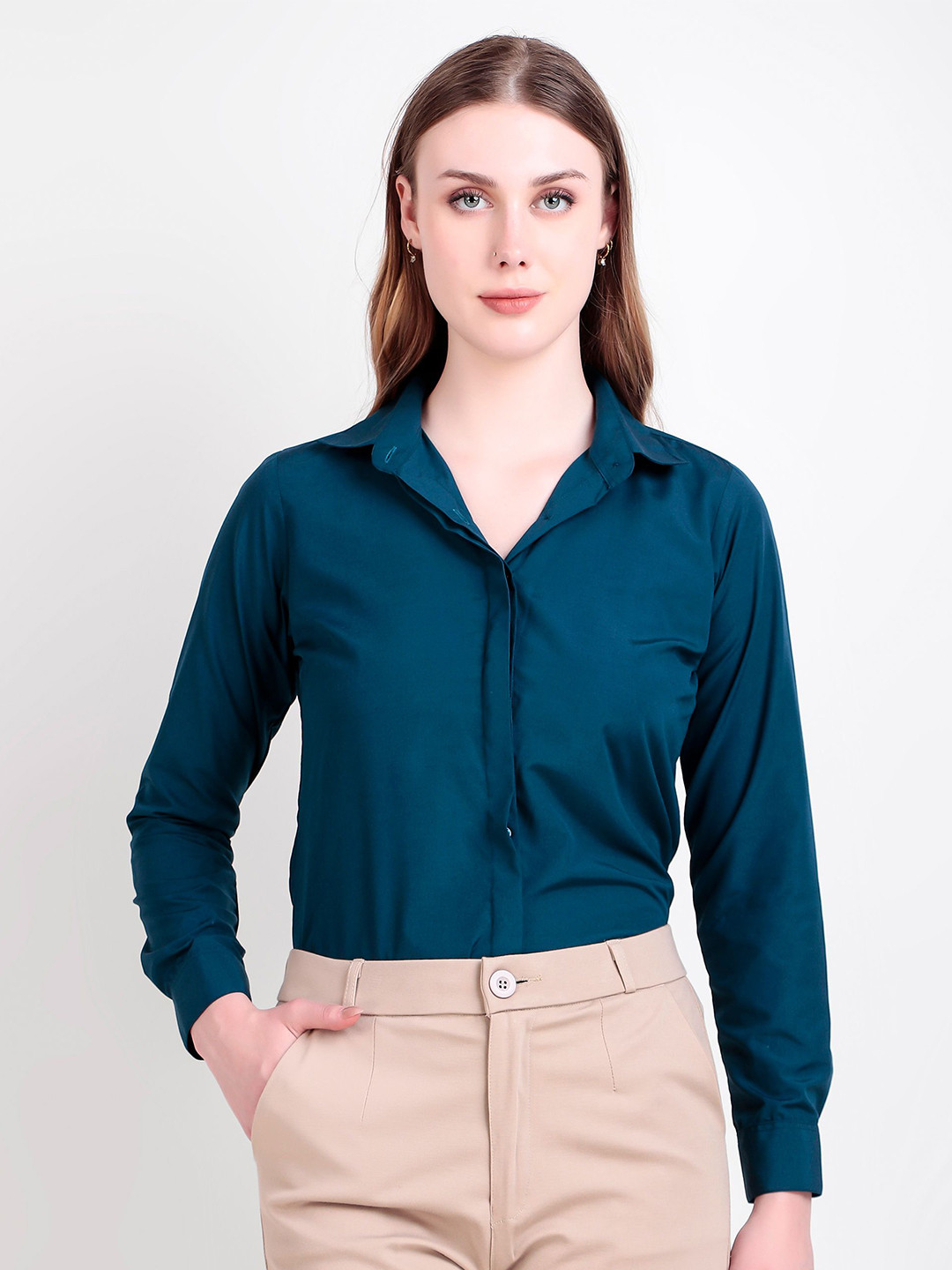 SWAZ Women Peacock Blue Slim Fit Solid Spread Collar Formal Shirt