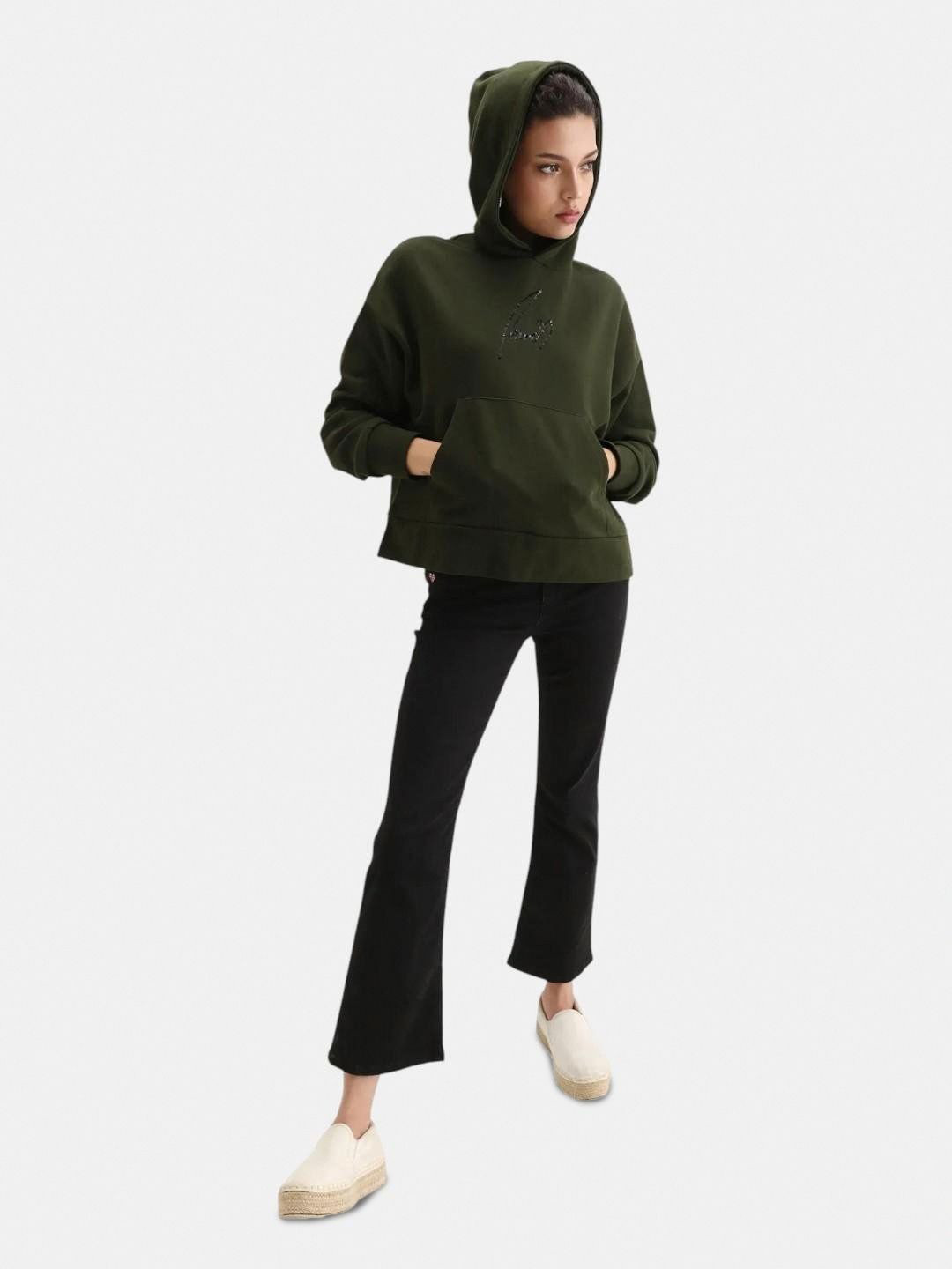 RAREISM Women Xan Dark Olive Printed Hooded Sweatshirt