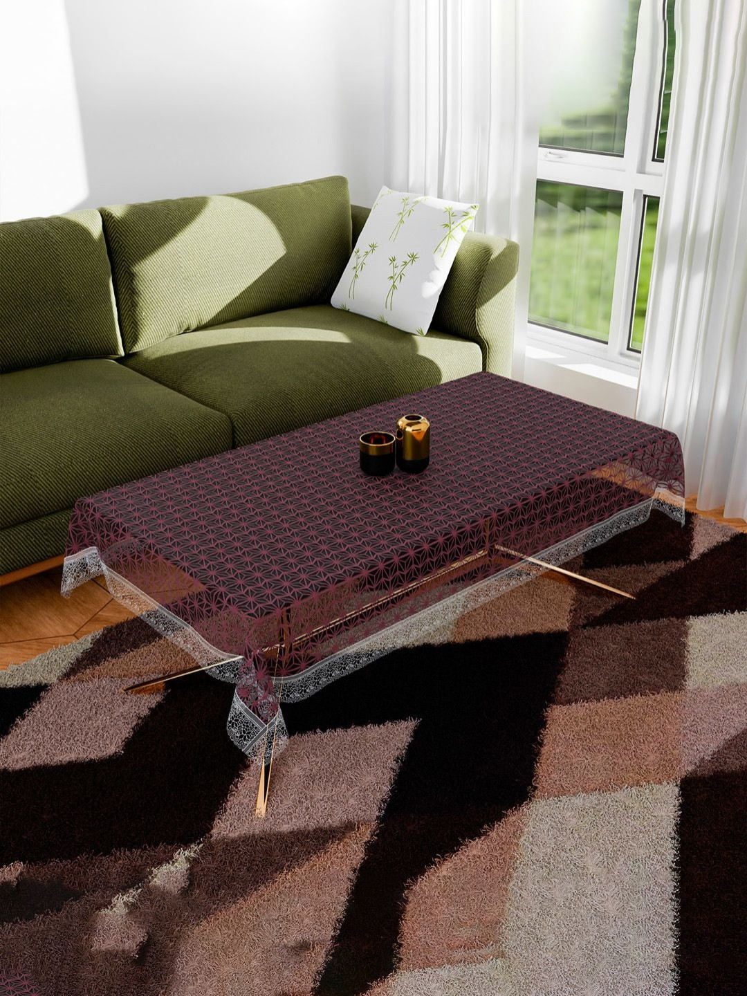 Aura Brown Self Star Anti-Skid Rectangle 4  Seater Table Cover