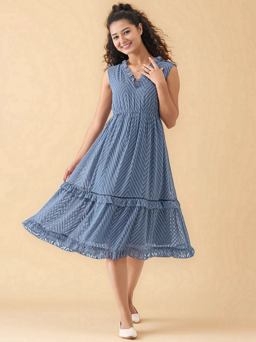 AASK Women Greyish Blue Self Design Crepe Fit and Flare Calf Length Dress