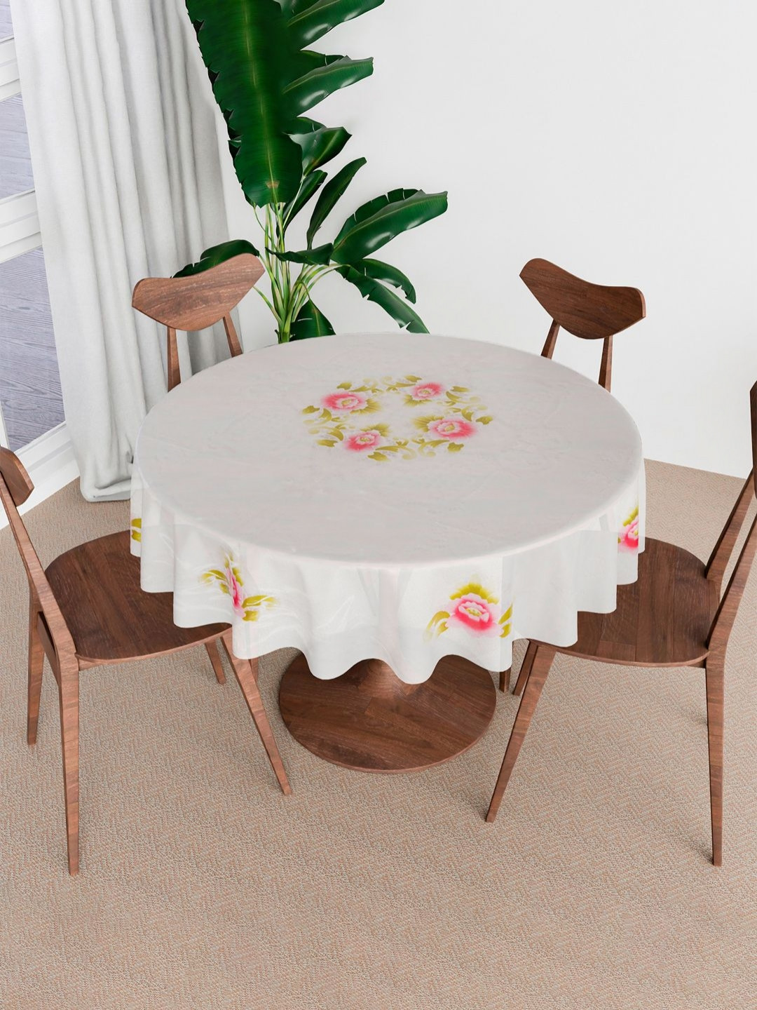 Aura White & Pink Flower Almond Design Anti-Skid Round 4 Seater Table Cover