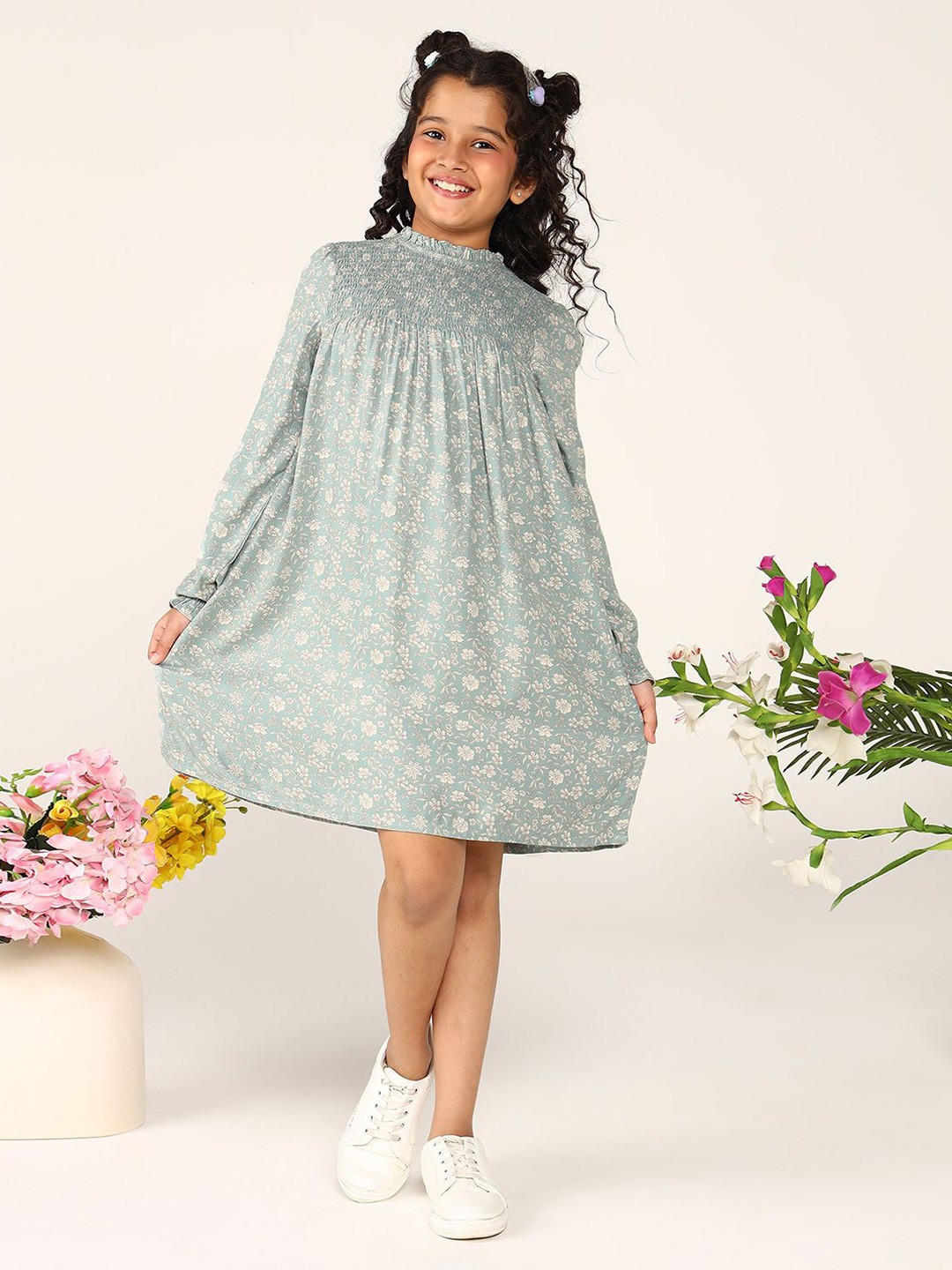 Miyo Girls Floral Printed Smocked A-Line Dress
