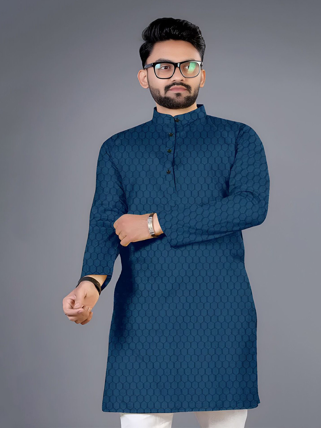 DWELLIFY Men Solid Block Print Festive Cotton Straight Kurta