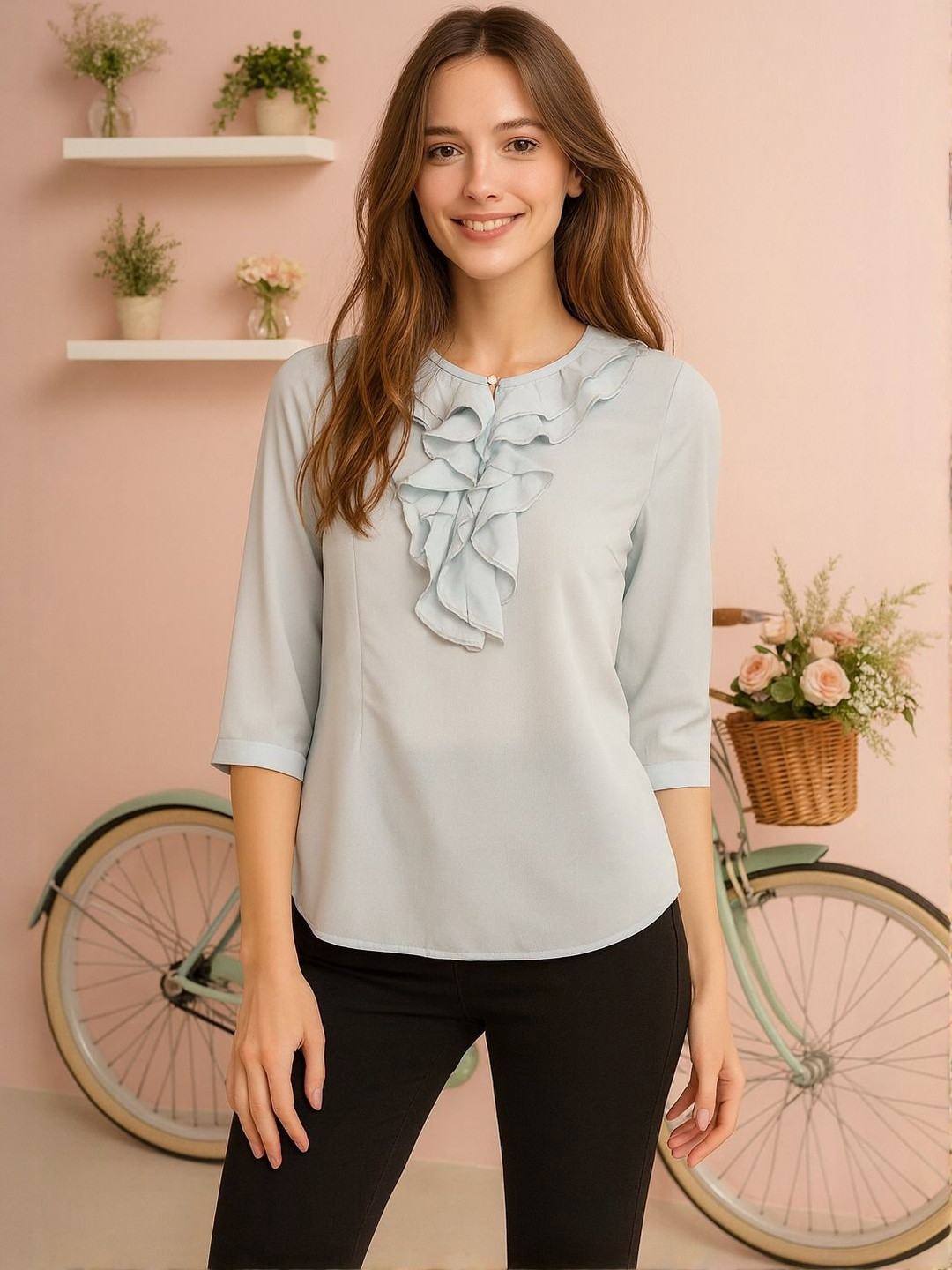HERE&NOW Women Sky Blue Ruffles Georgette Top