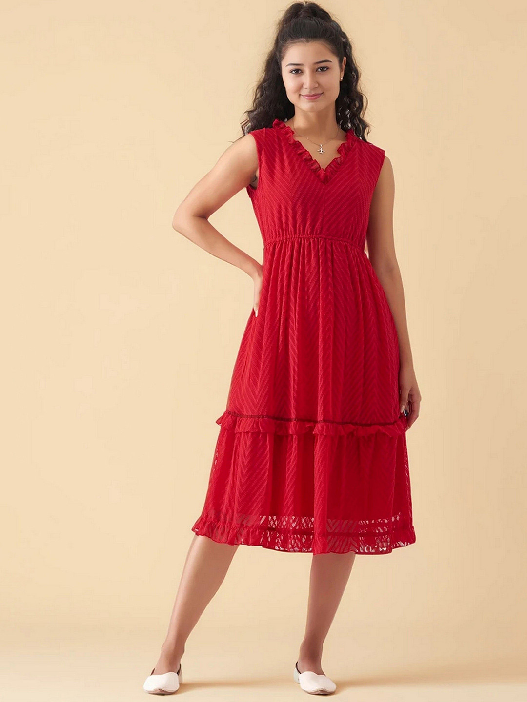 AASK Women's Red Self Design Crepe Fit and Flare Calf Length Dress