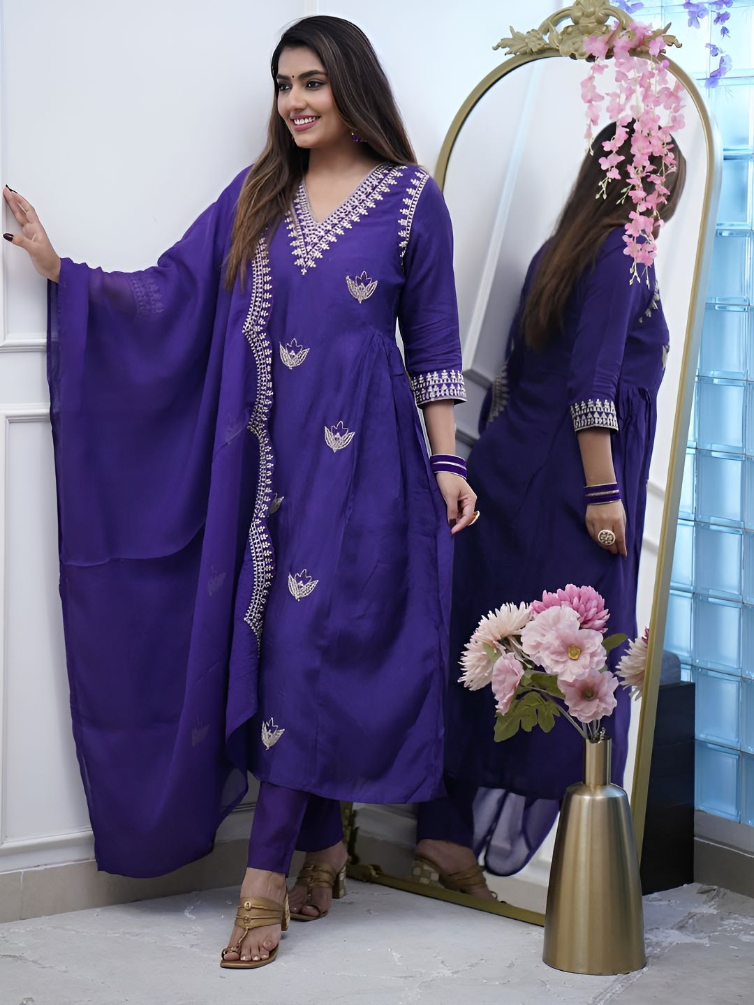 Happy Design Women Ethnic Motifs Embroidered A-Line Kurta with Churidar & Dupatta