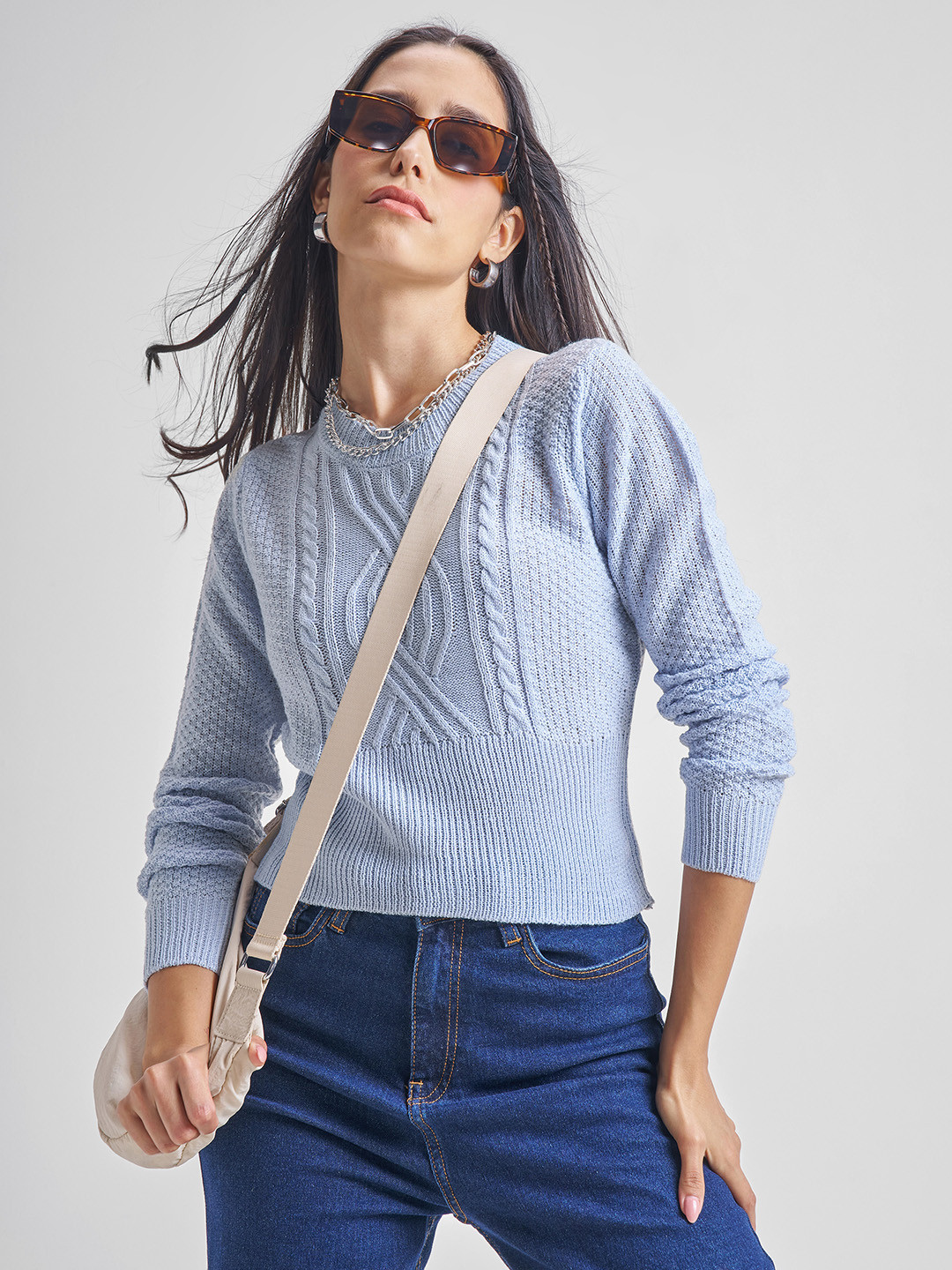 Tokyo Talkies Cable Knit Self Design Acrylic Pullover