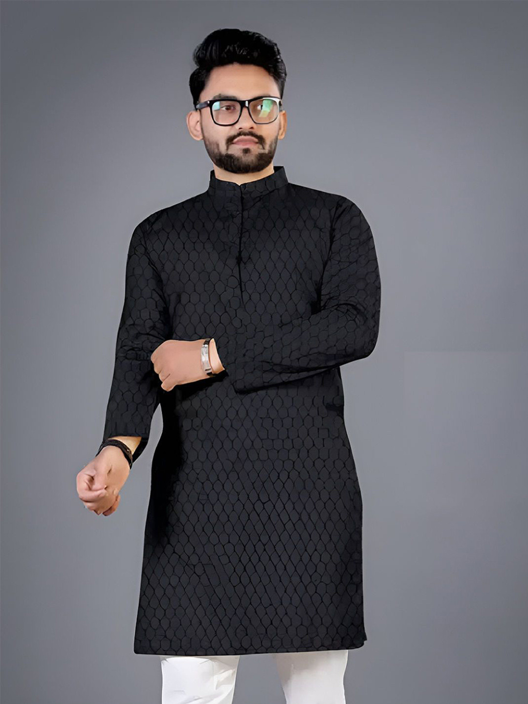 DWELLIFY Geometric Printed Mandarin Collar Cotton Straight Kurta