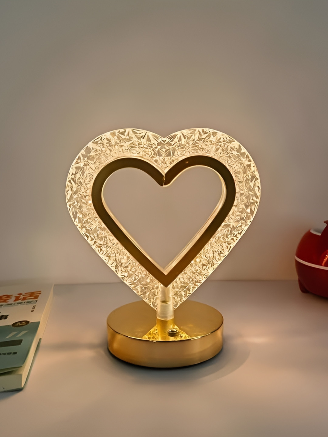 CraftVatika Gold-Toned Textured Contemporary Heart Shaped Table Lamp