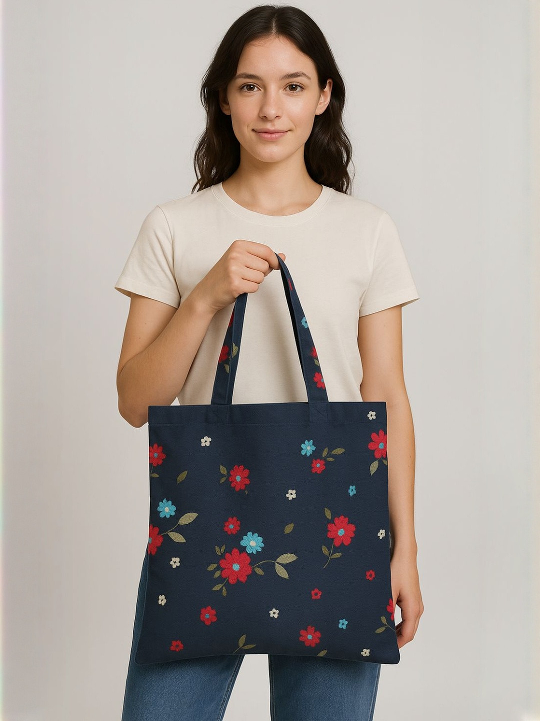 YASH GALLERY Women Floral Printed Navy Blue Cotton Tote Bag