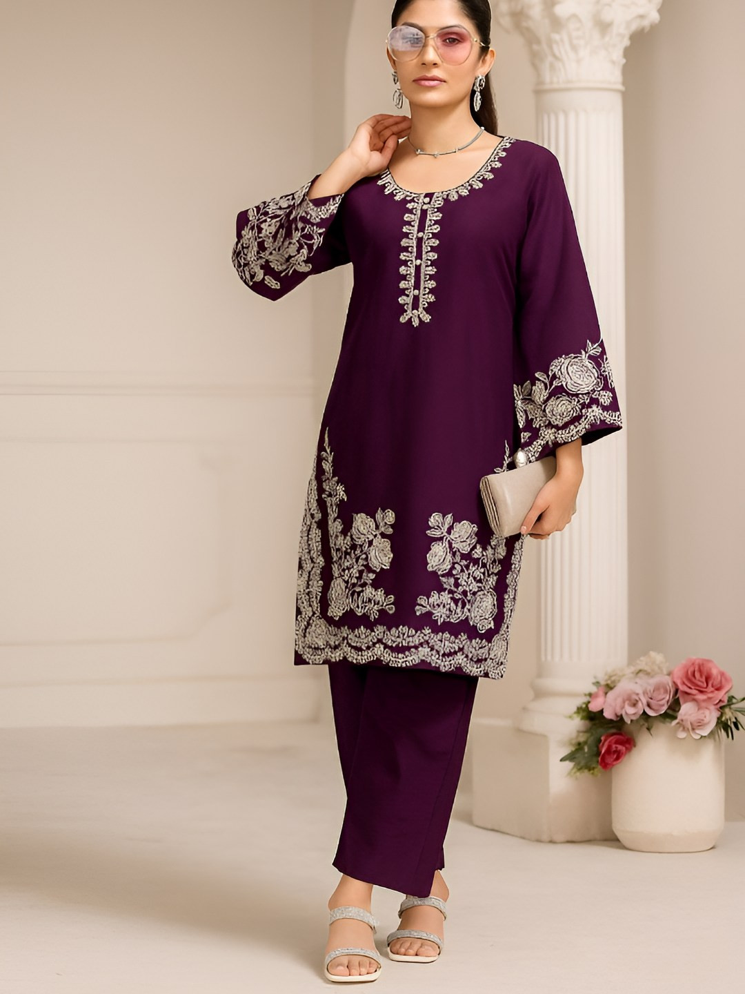AUTUMN LANE Akon thistle Women Ethnic Motifs Embroidered Thread Work Kurta With Trousers