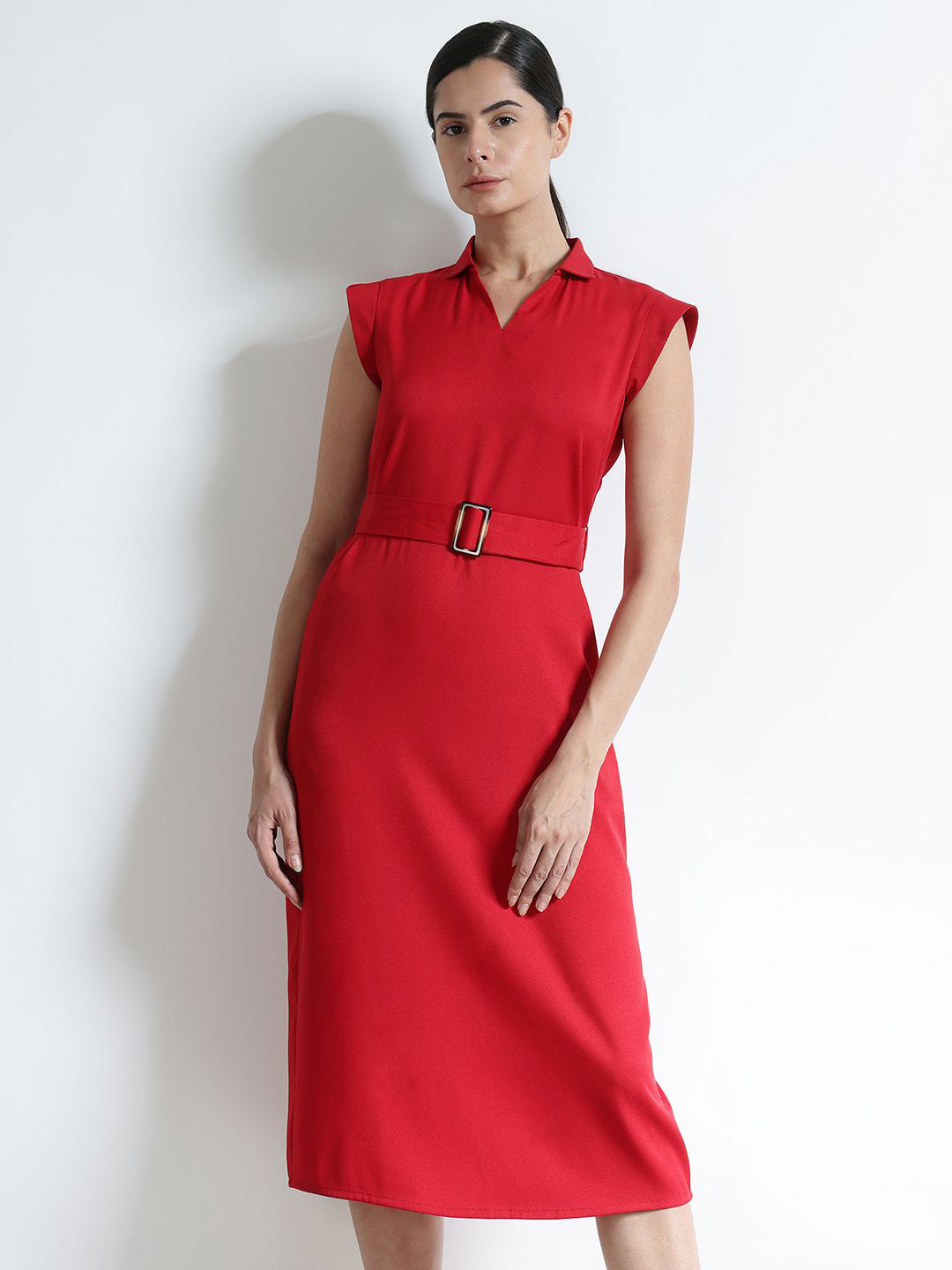 FableStreet Shirt Collar Sheath Knee Length Dress Comes with a belt