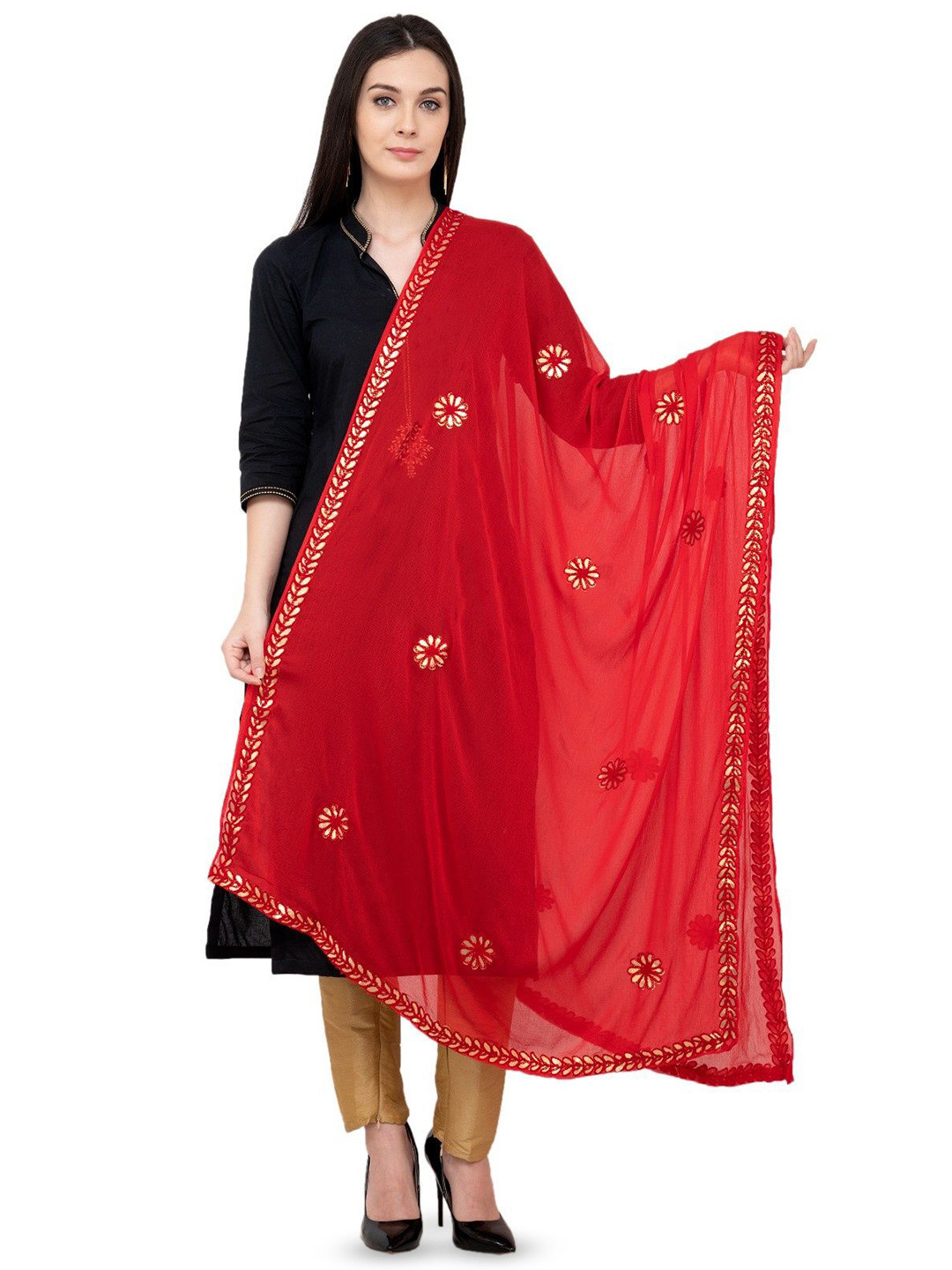 A R SILK DUPATTA HUB Floral Embroidered Gotta Patti Chiffon Dupatta