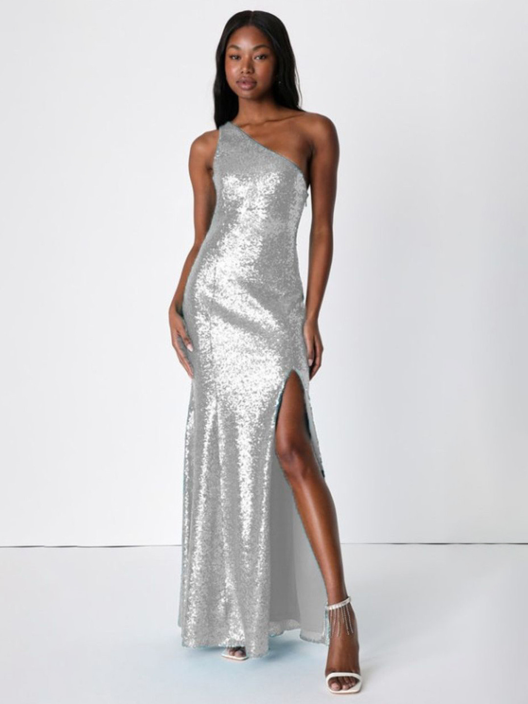 Silver Embellished One Shoulder Maxi Dress