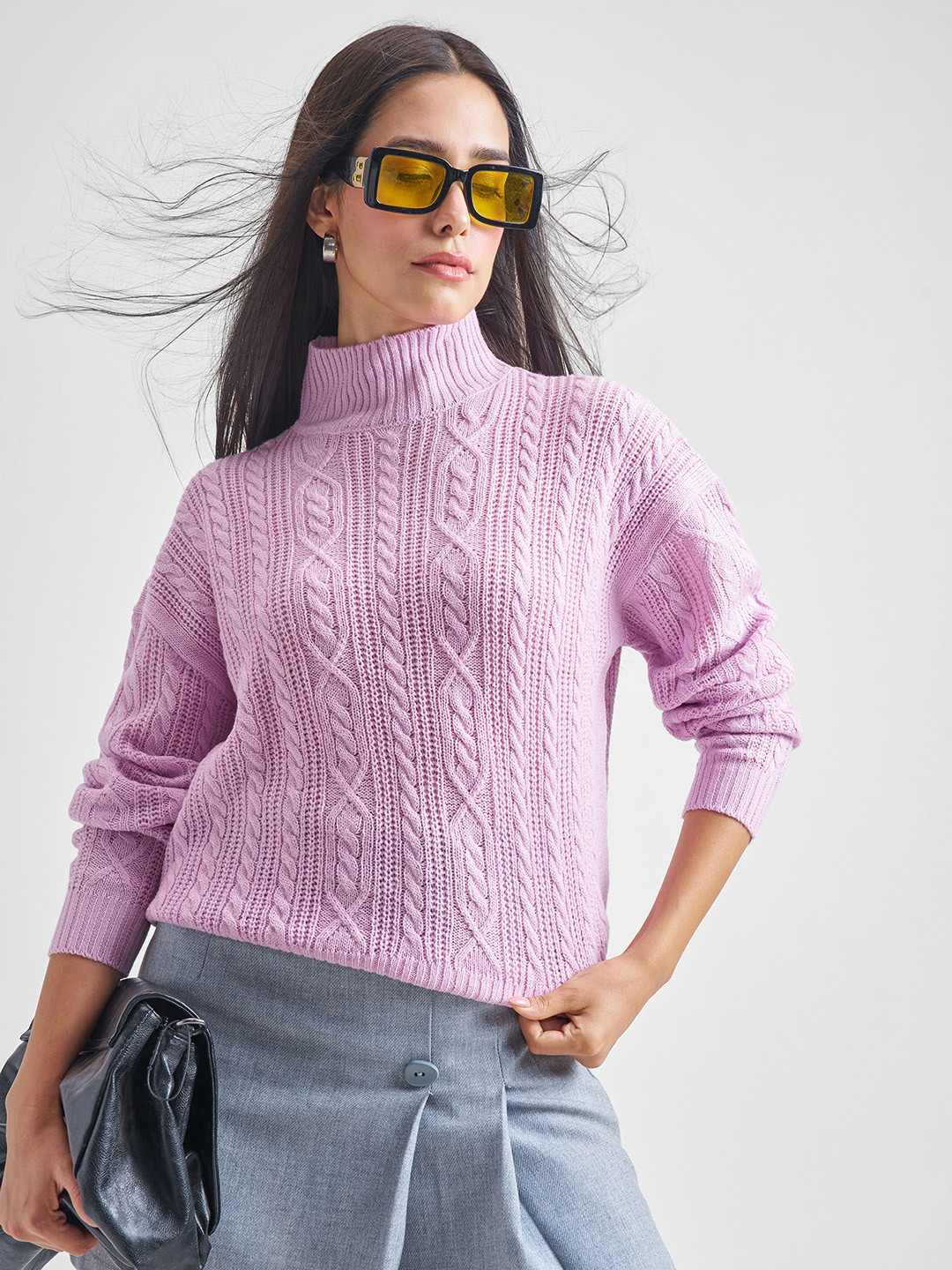 Tokyo Talkies Women Pink Cable Knit Crop Acrylic Pullover Sweaters