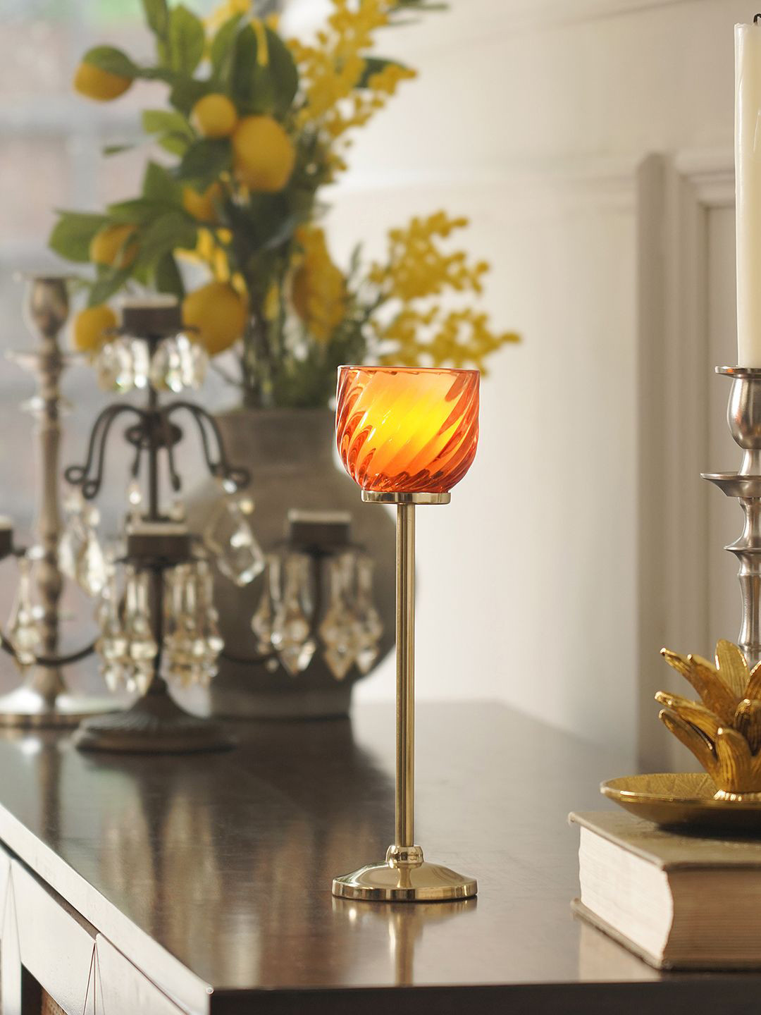 Pure Home and Living Orange Colored & Gold Toned Swirl Textured Candle Holder with Stand