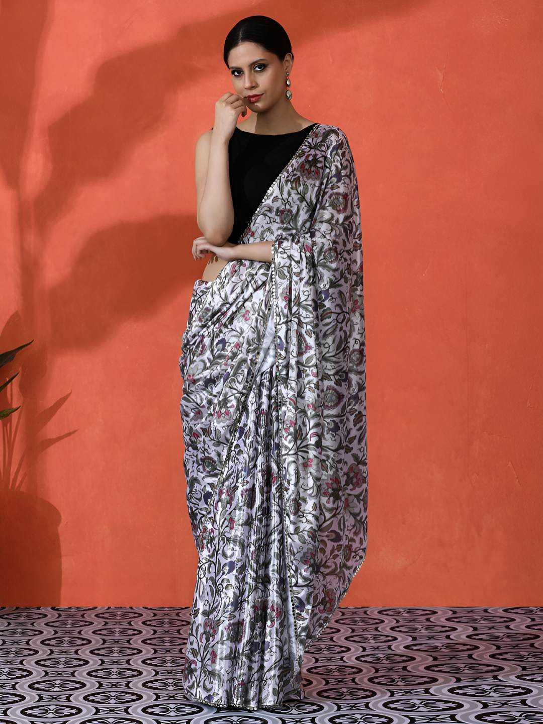 Desi Fusion Floral Printed Satin Mirror Work Saree