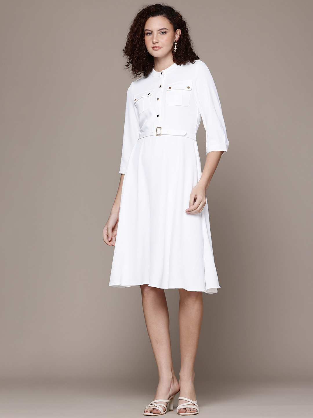 Label Ritu Kumar Ecru Core Mandarin Collar Belted Detail A-Line Dress