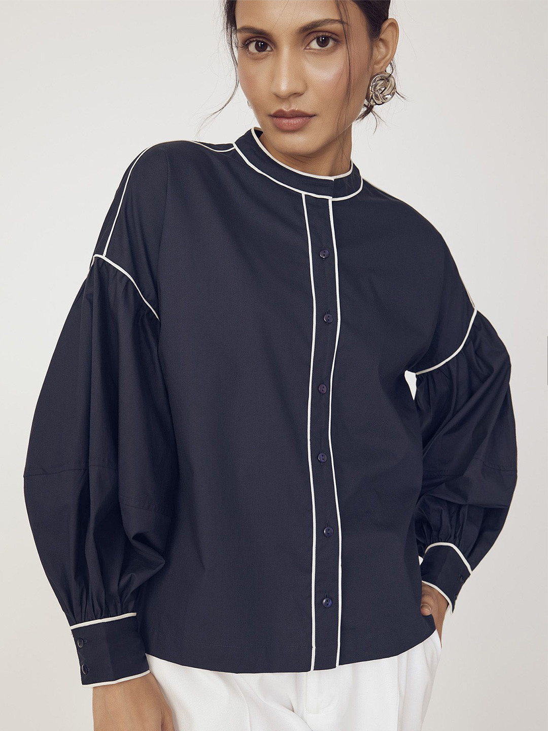 The Label Life Mandarin Collar Balloon Sleeves Shirt Style Top