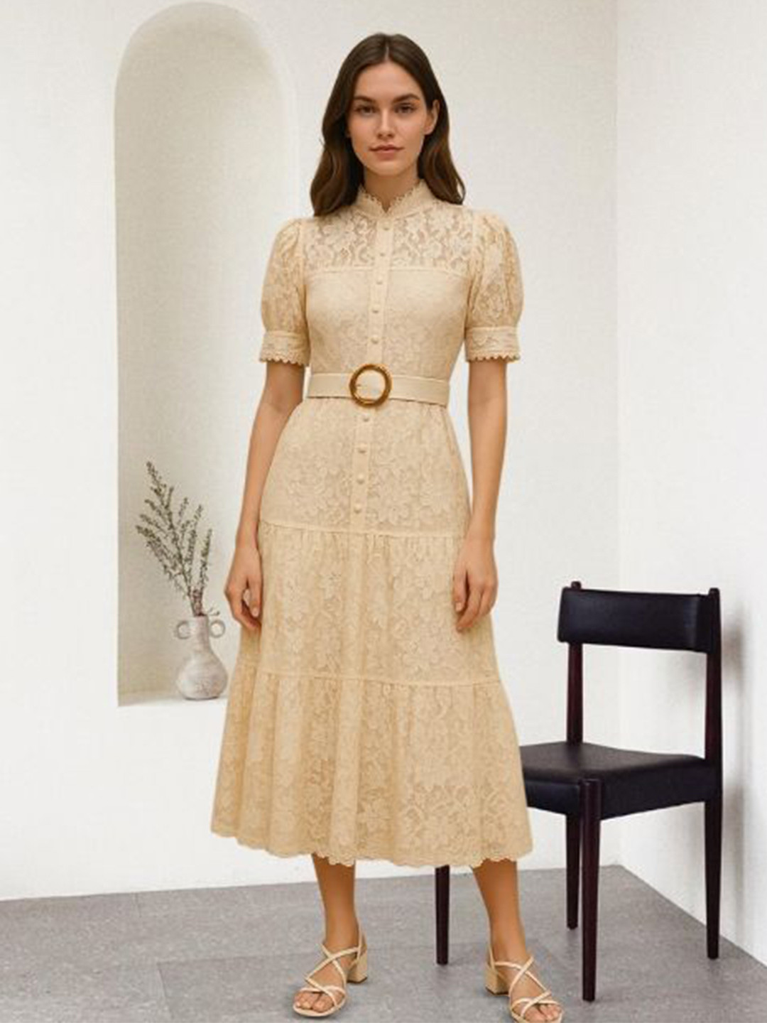 MARC LOUIS Embroidered Puff Sleeve Organic Cotton Lace Fit & Flare Midi Dress