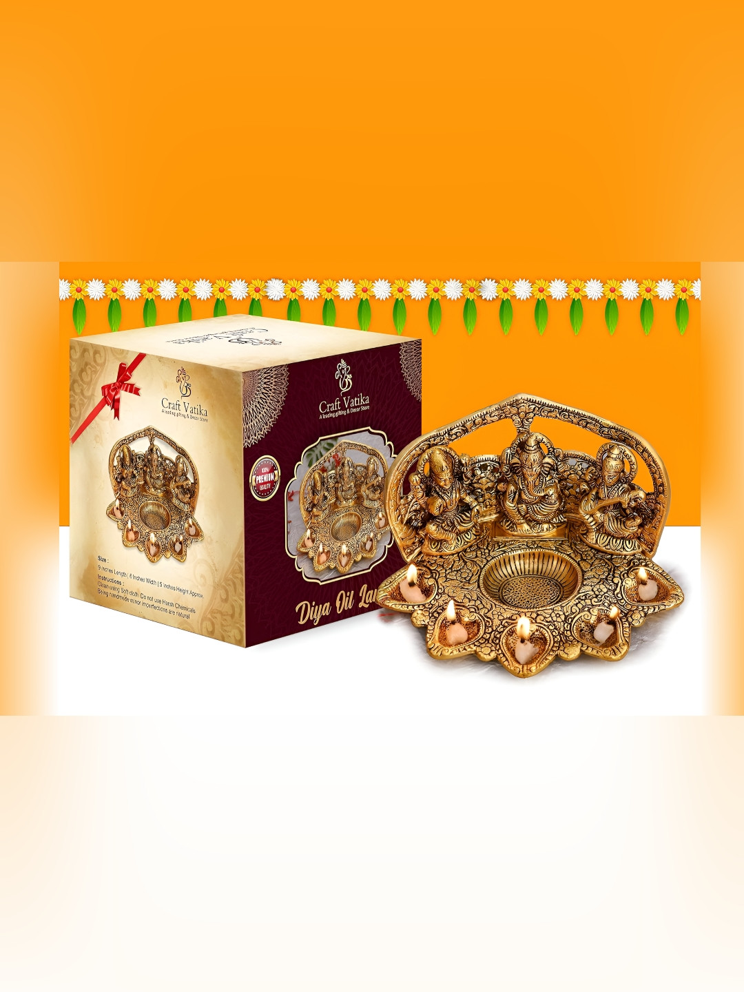 CraftVatika Yellow Panch Batti Laxmi Ganesha Saraswati Idol Diya