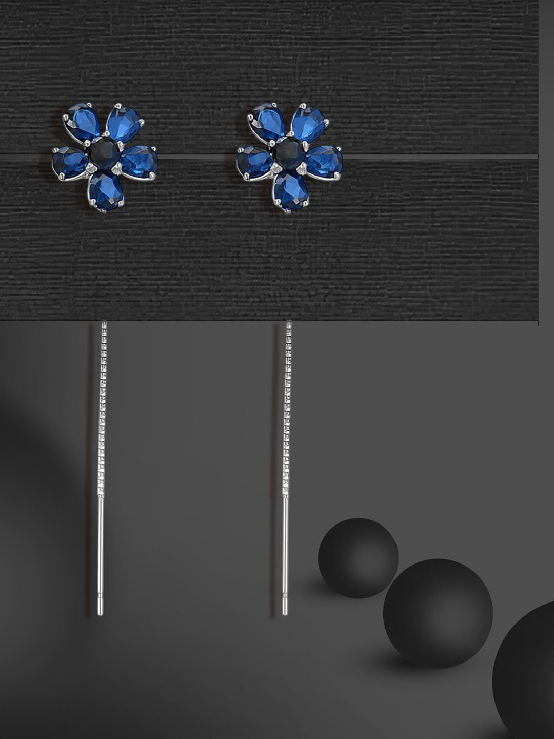 Meadows 925 Sterling Silver Rhodium-Plated CZ & Sapphire Studded Floral Drop Earrings
